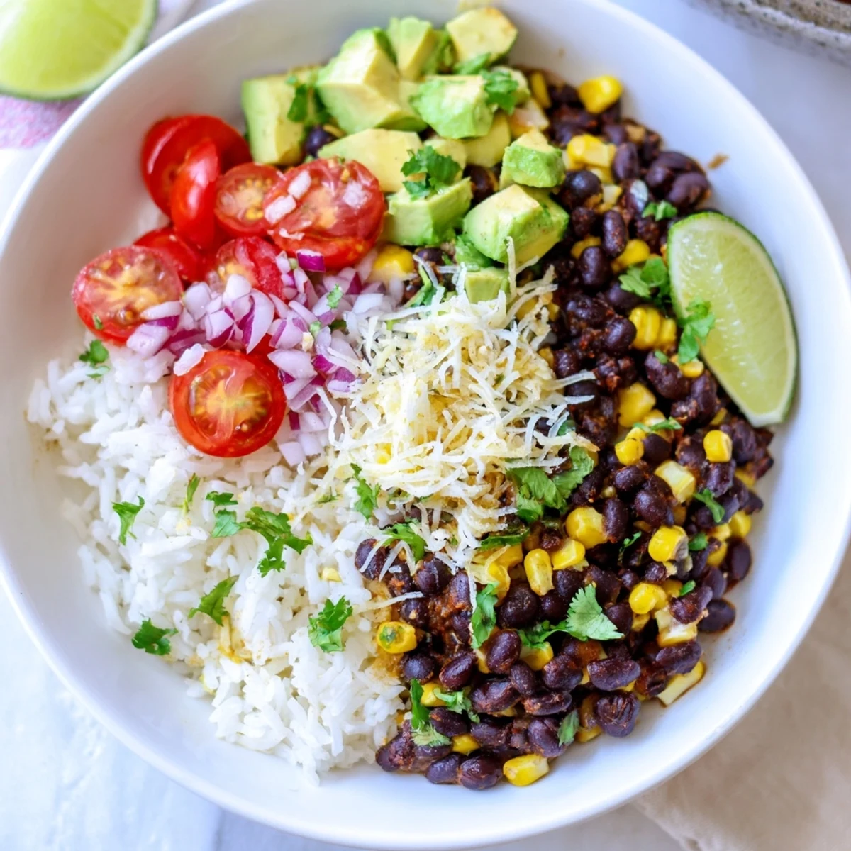 This hearty Rice, Bean, and Corn Burrito Bowl is overflowing with beans, corn, and fresh, zesty ingredients.