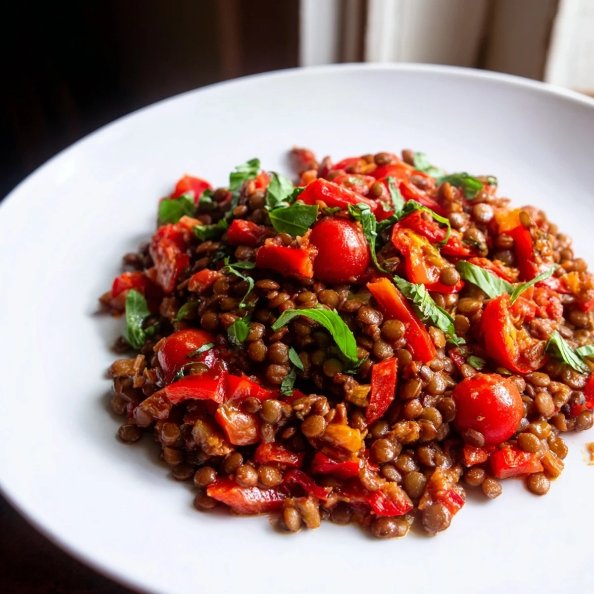 One-pan Lentil-Tomato Skillet with a rich tomato sauce, served with crusty bread, perfect for dinner tonight.