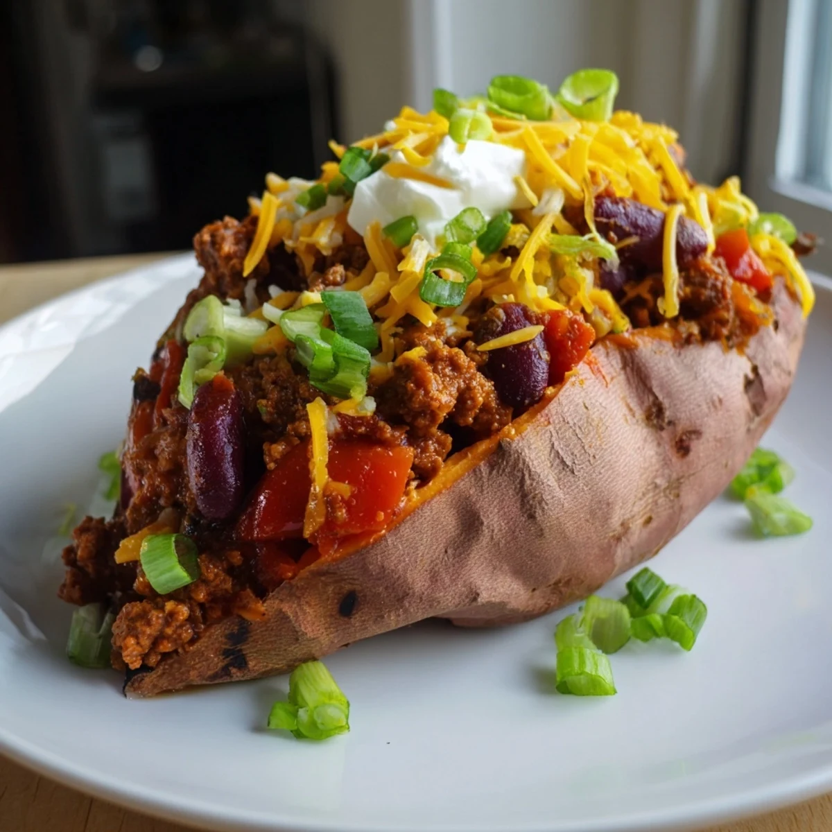 Tender Baked Sweet Potato Stuffed with Chili, a comforting dish with a cheesy top.