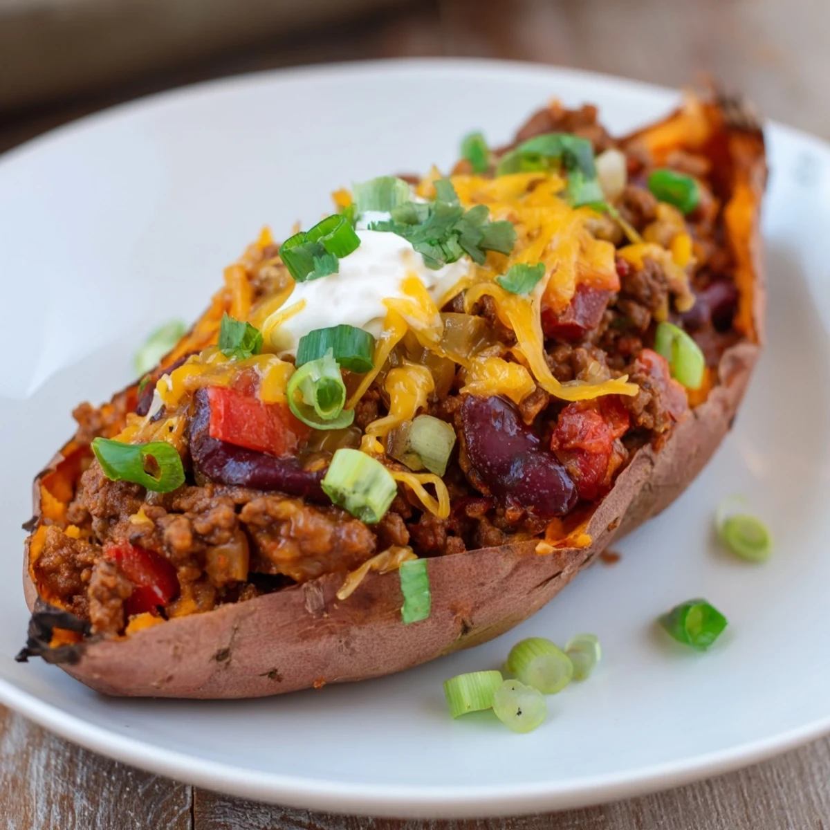 Garnished Baked Sweet Potato Stuffed with Chili, a perfect serving suggestion for a satisfying meal.