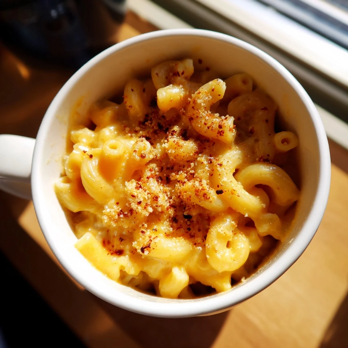 Steaming hot Mug Mac & Cheese, with melted cheddar and a sprinkle of paprika on top.