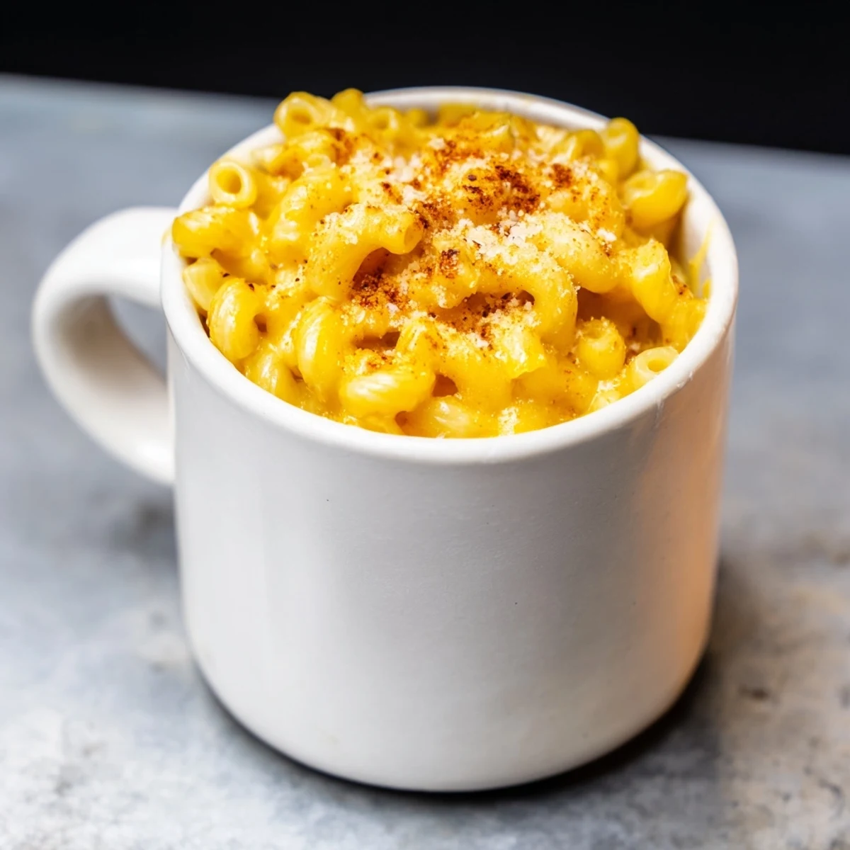Golden, bubbly Mug Mac & Cheese ready to eat, served in a ceramic mug.