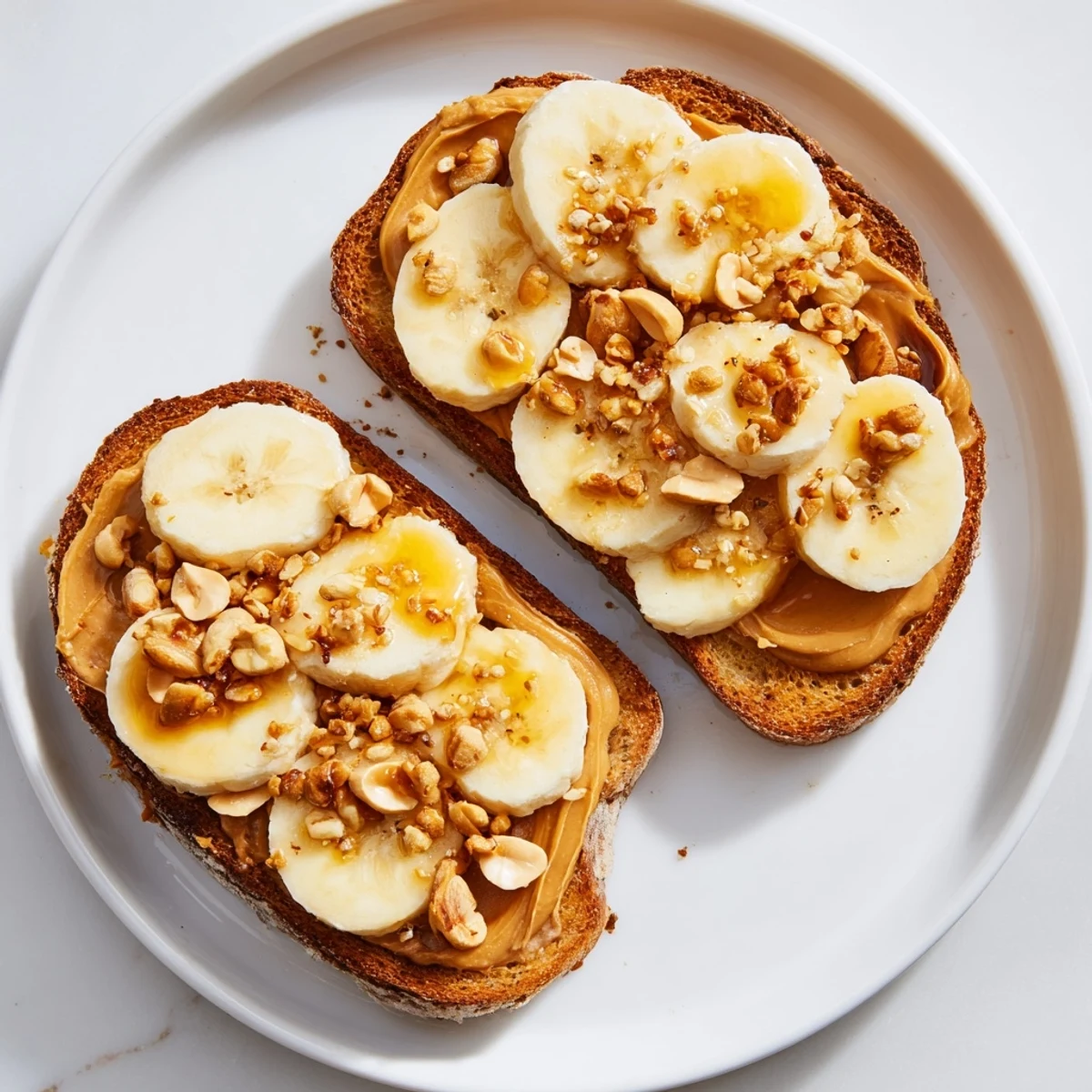 Stacked peanut butter and banana sandwich halves showing layers of toppings and fresh fruit.
