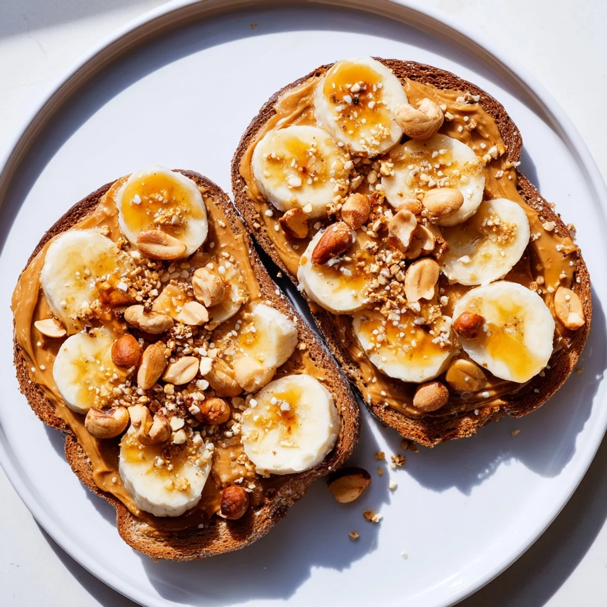 Crunchy peanut butter and banana sandwich with chopped peanuts and granola, a tasty snack.