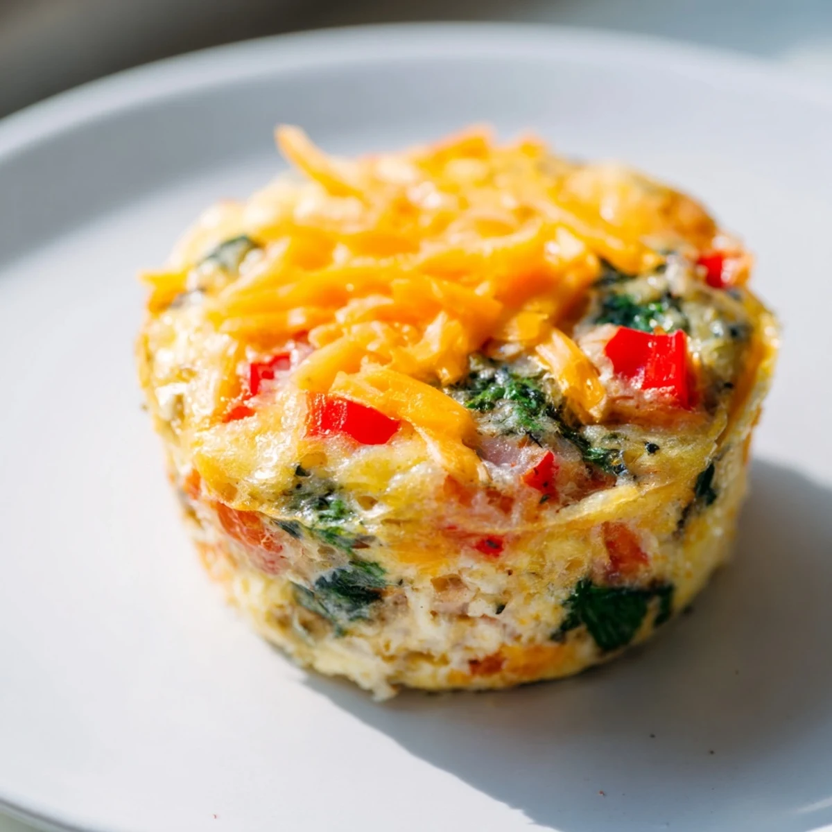 Close-up of fluffy, loaded One-Pot Breakfast Casserole Muffins; a delicious and easy meal prep idea.