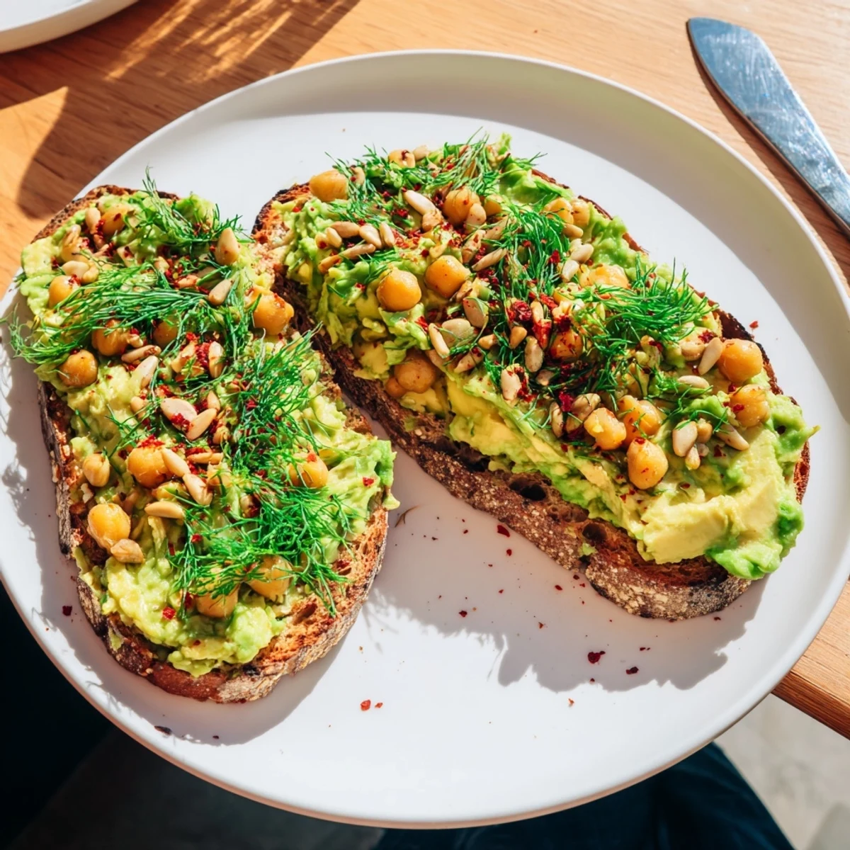 Perfectly plated avocado toast with chickpeas and herbs, offering a delightful breakfast scene.