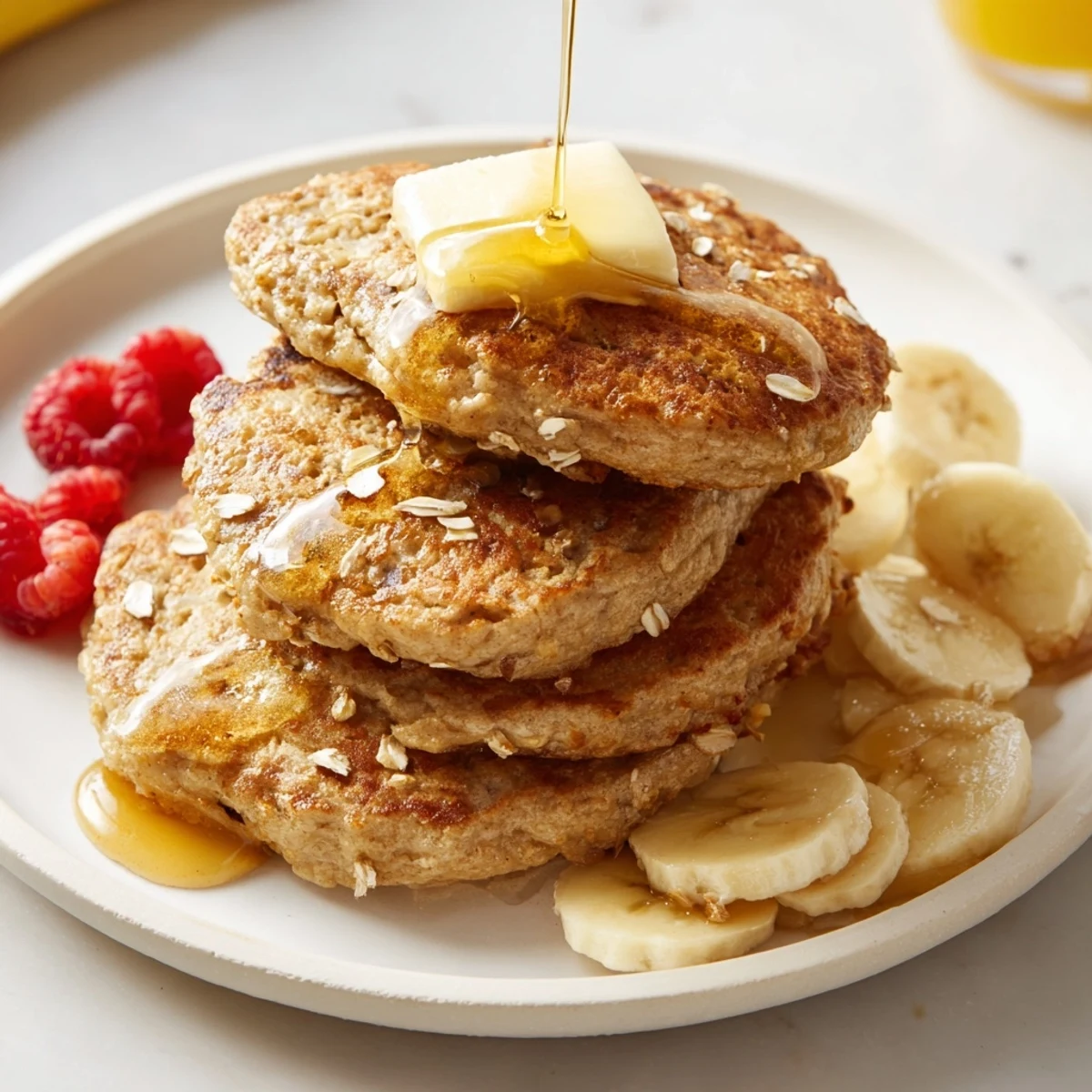 Warm banana oat pancakes, fluffy and slightly browned, waiting to be enjoyed with a fork.