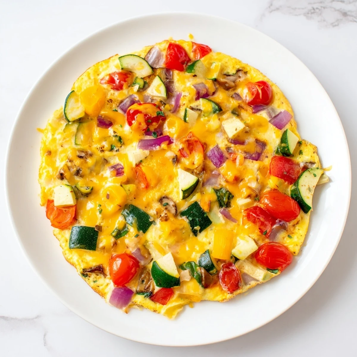 Egg & Veggie Sheet Pan Scramble, a colorful breakfast with roasted vegetables and perfectly cooked eggs.