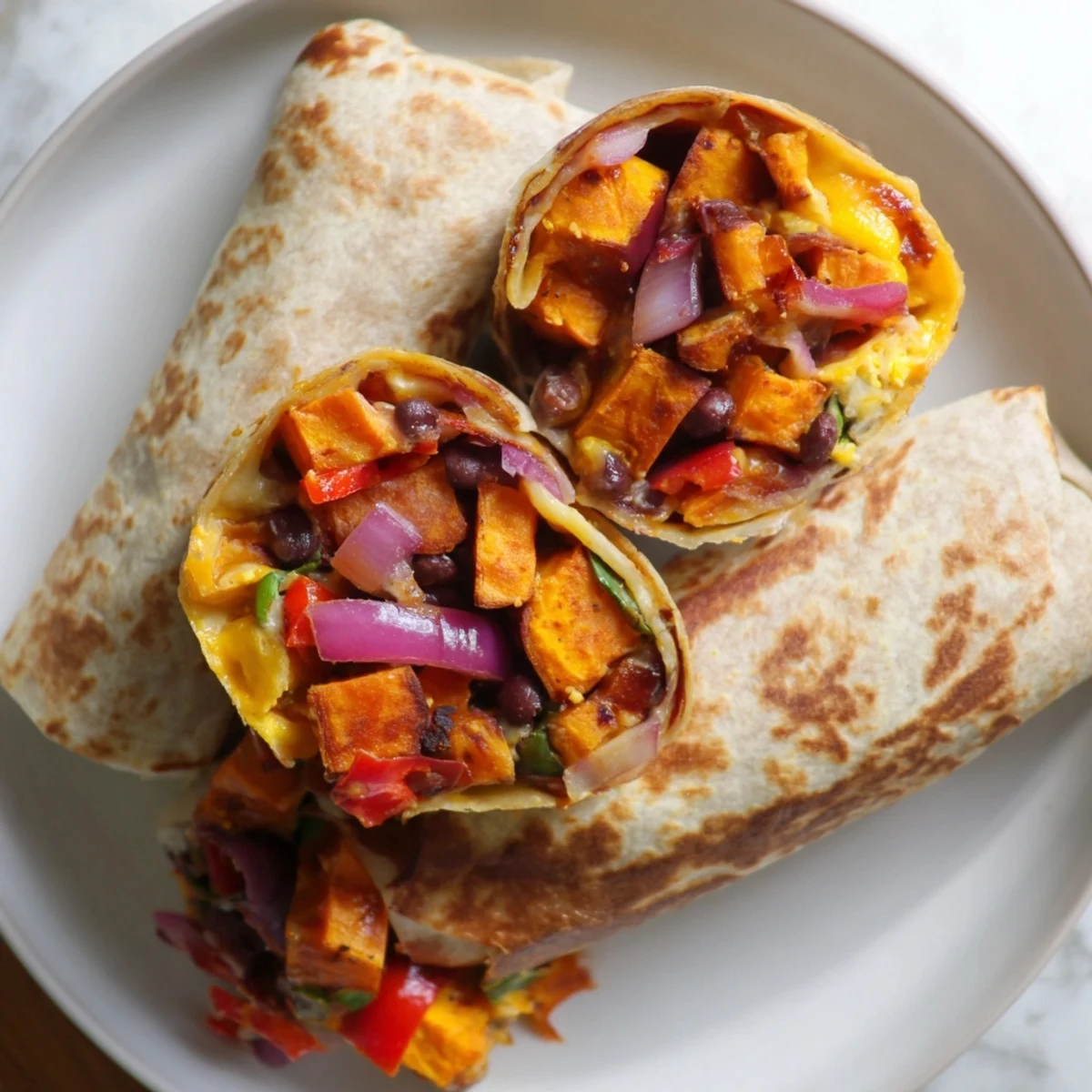 Golden-brown Sweet Potato & Black Bean Breakfast Burrito, loaded with savory fillings, ready to eat.