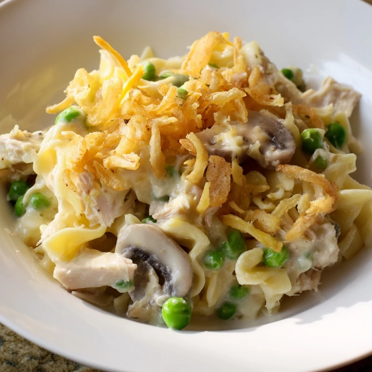 Golden, bubbly Homemade Tuna Noodle Casserole with a crispy onion topping, ready for serving.