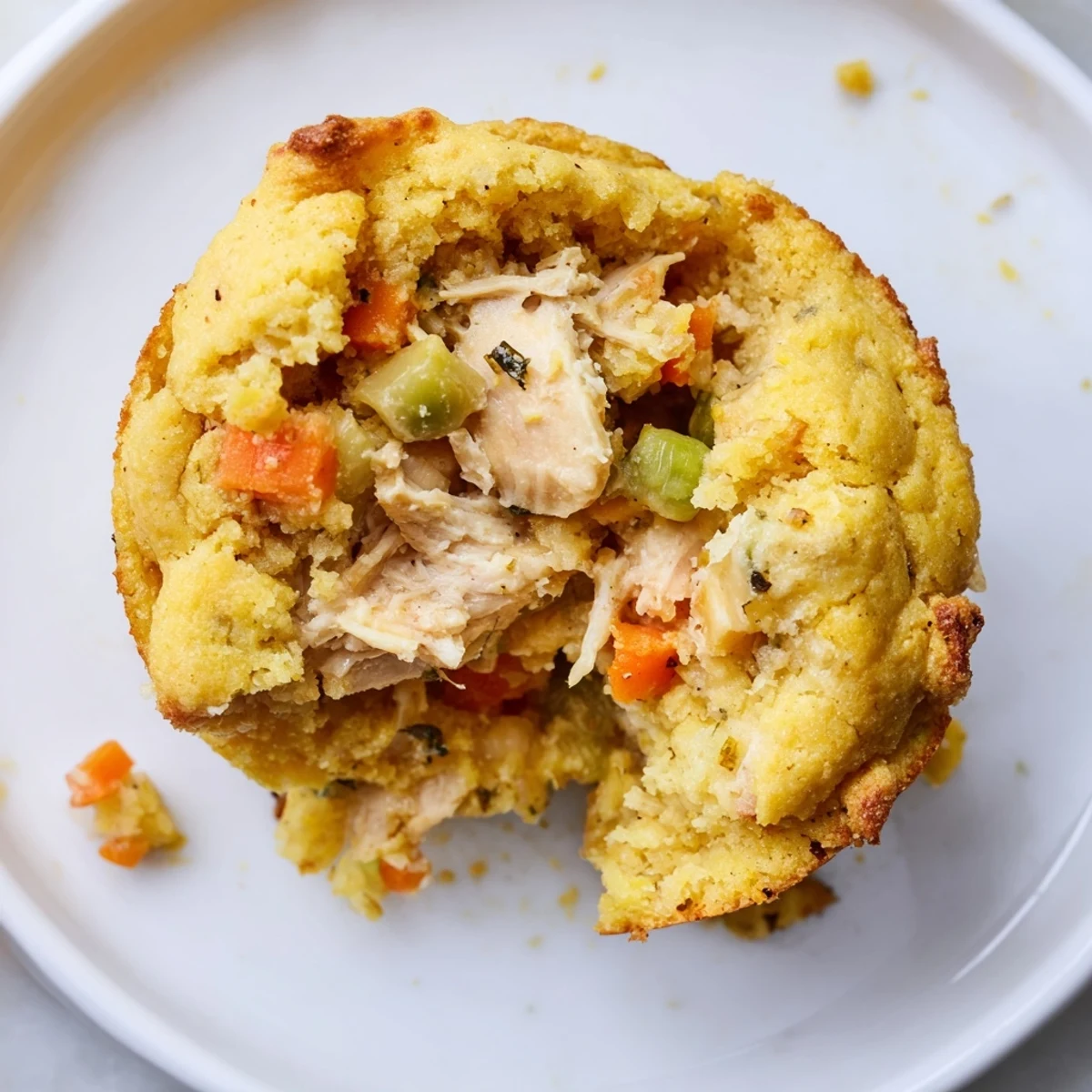 Golden-brown Chicken Pot Pie Cornbread Muffins, warm and savory, ready for a comforting bite.