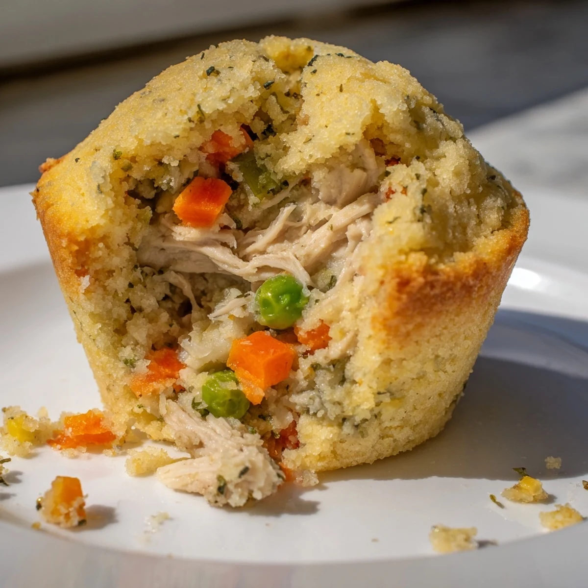 Miniature Chicken Pot Pie Cornbread Muffins with a fluffy cornbread exterior and chicken filling.