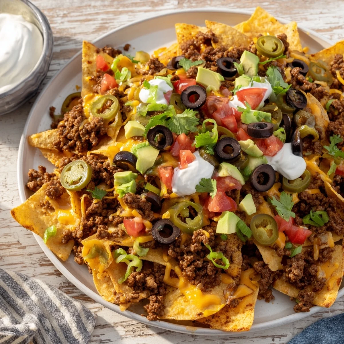 Warm, cheesy sheet pan nachos featuring savory ground beef with a rainbow of fresh toppings for sharing.