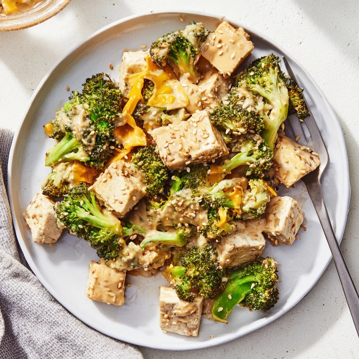 Golden-brown Cheesy Baked Tofu and Broccoli, topped with sesame seeds, ready to be served.