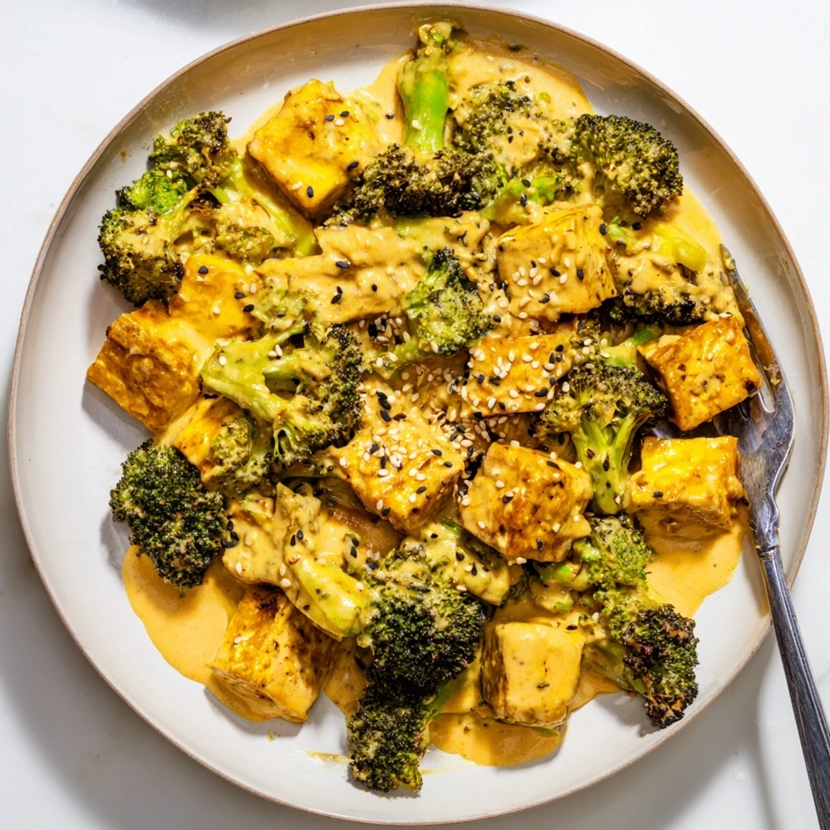 A close-up of cheesy, bubbling Cheesy Baked Tofu and Broccoli with hints of ginger and garlic.