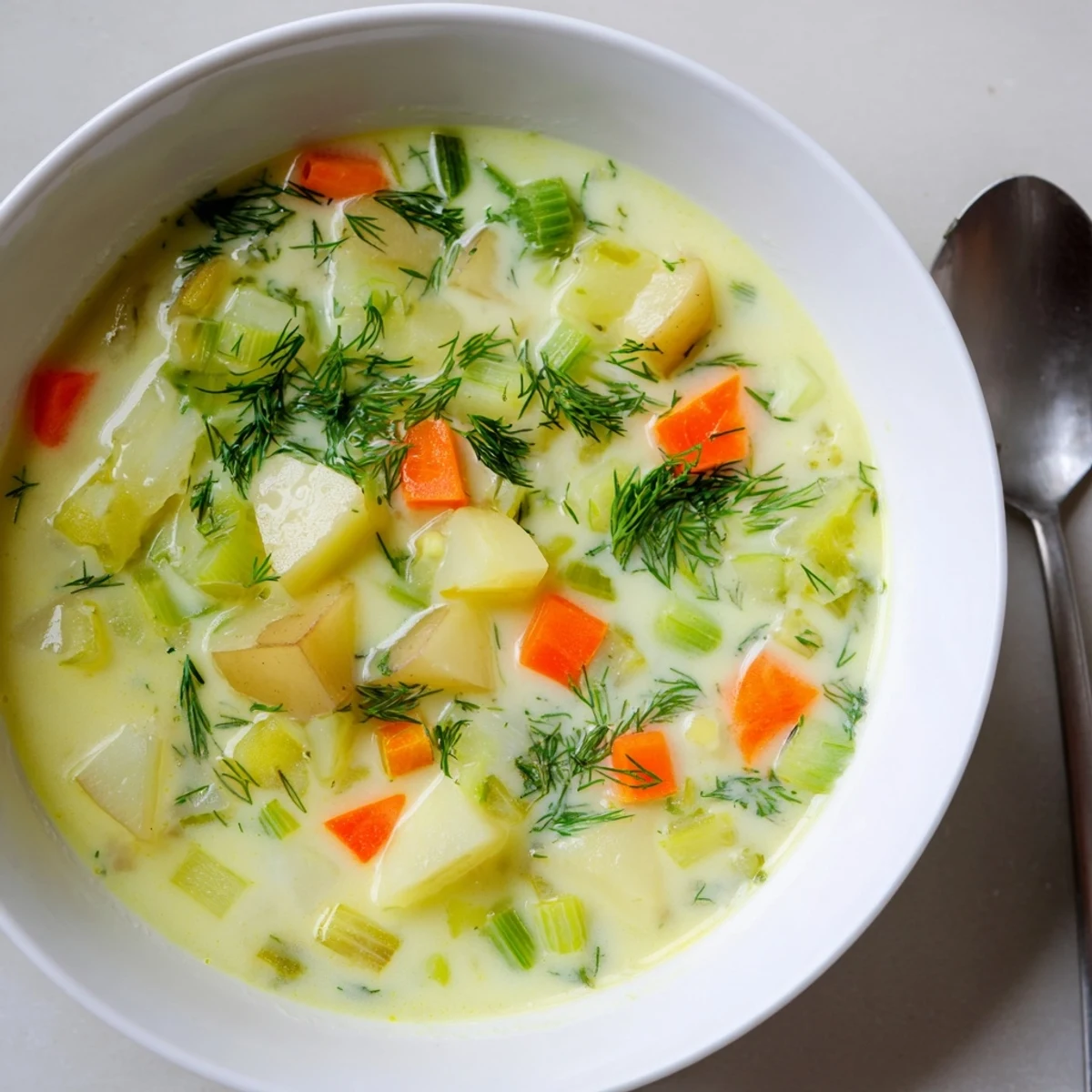Steaming bowl of creamy dill pickle soup, perfect for a cozy, comforting lunch on a chilly day.