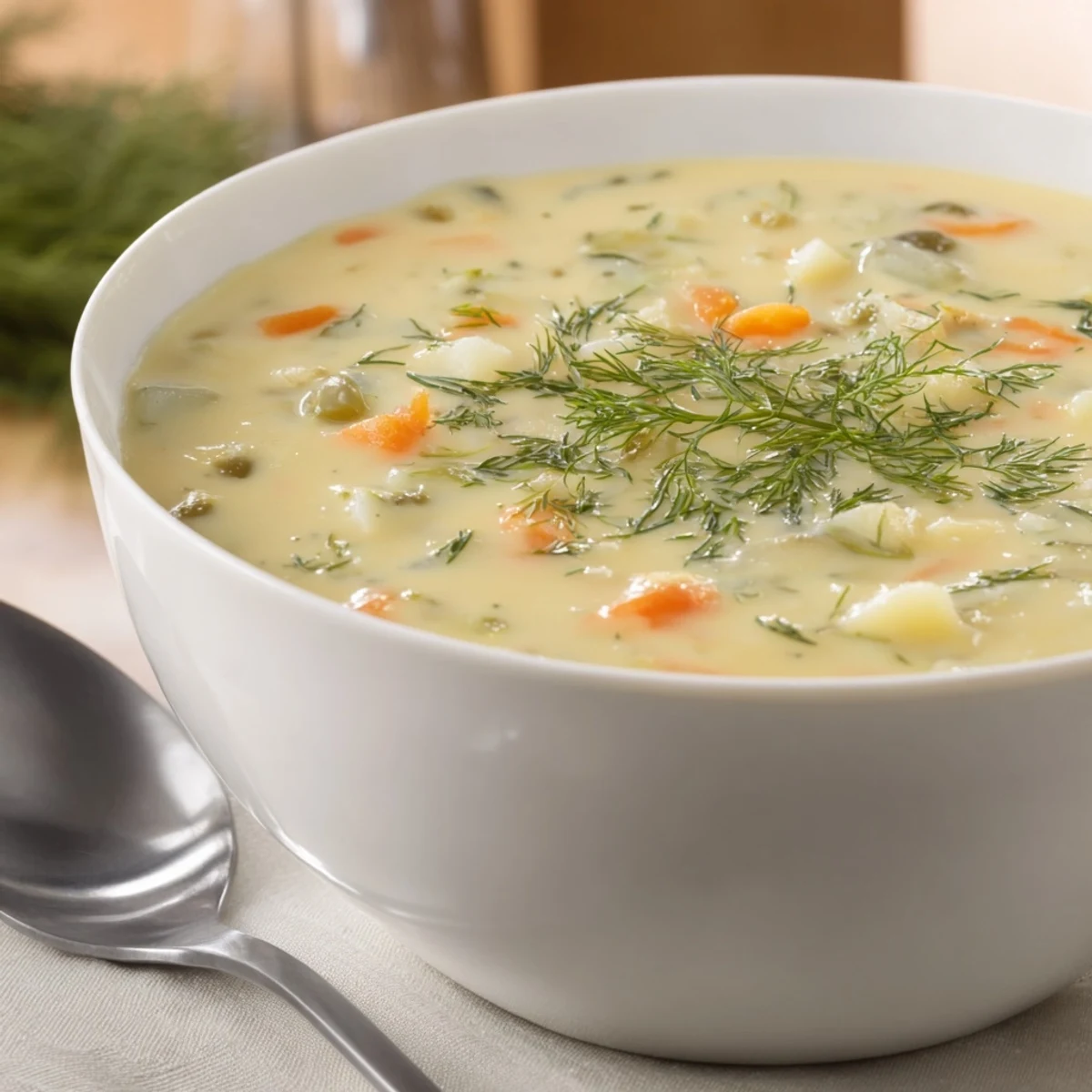A close-up of a warm bowl of creamy dill pickle soup with pickle slices and fresh dill garnish.