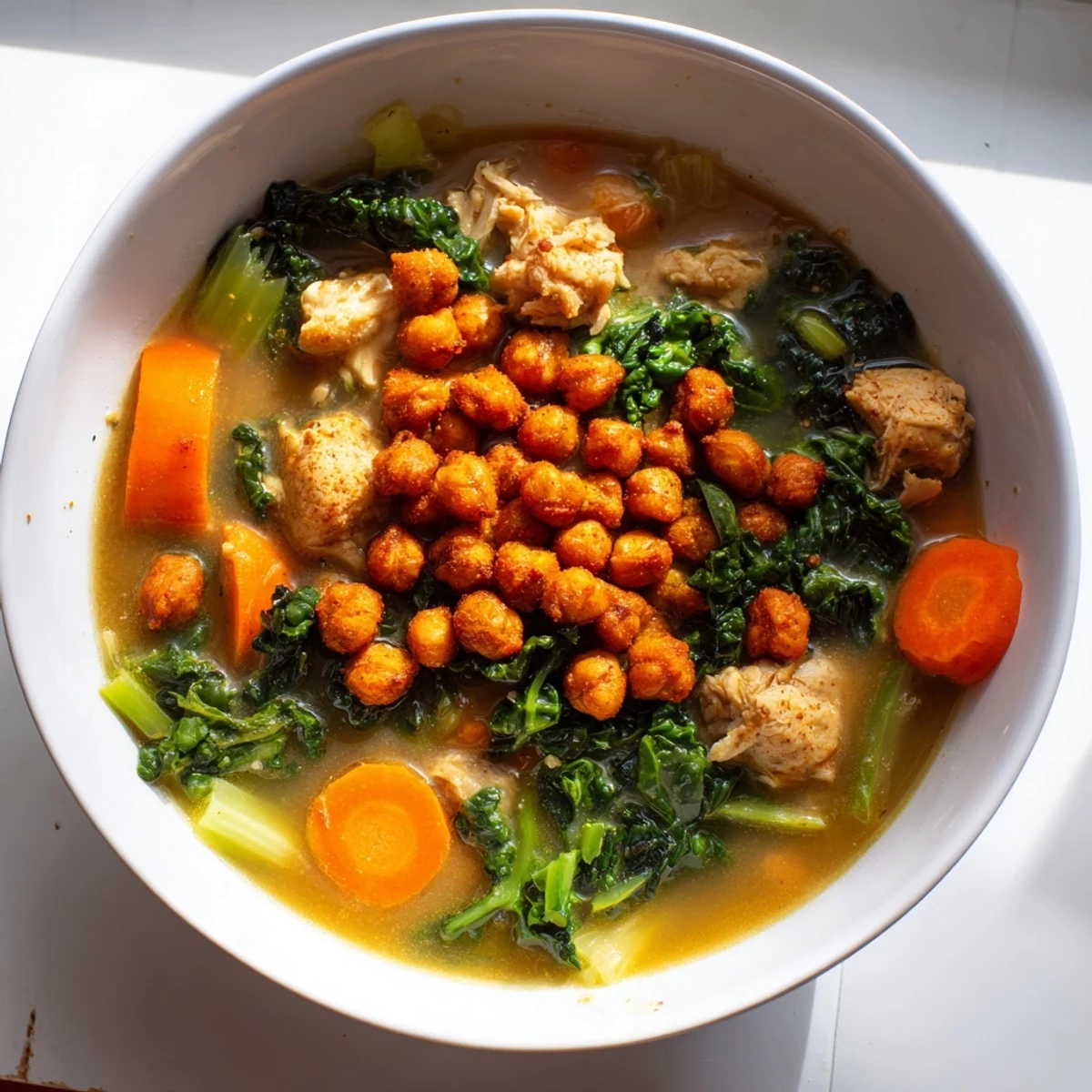 Steaming bowl of Chicken Kale Soup with crispy chickpeas: a healthy and fulfilling lunch, ready to enjoy.