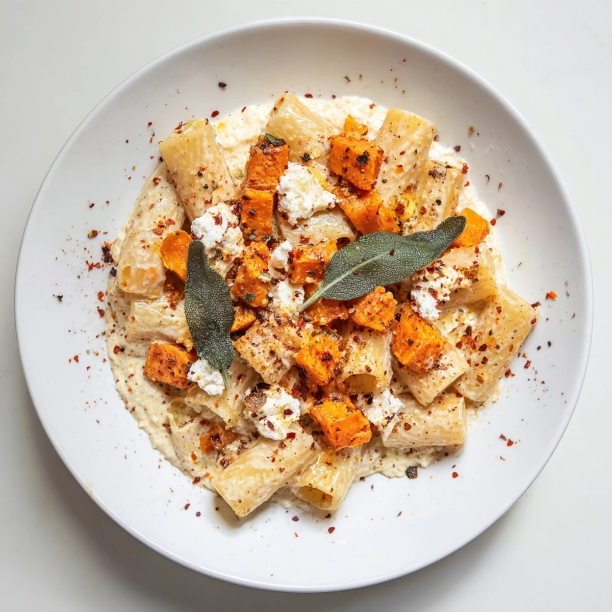 Golden, caramelized Viral Sweet Potato Goat Cheese Sage pasta ready for serving, garnished with crispy sage.