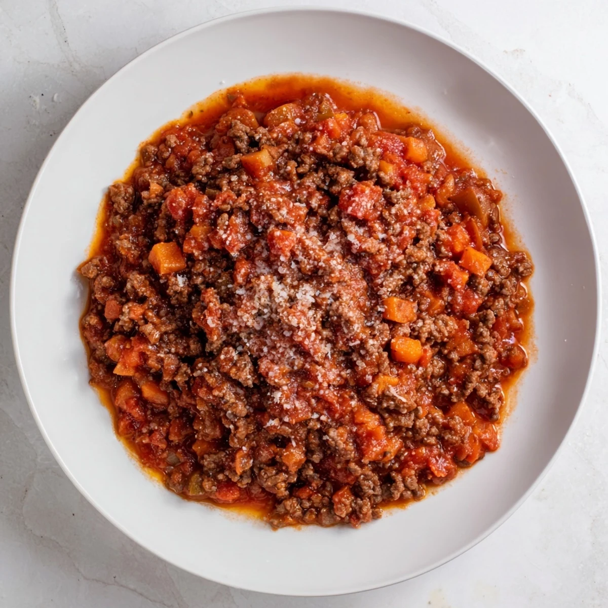 Hearty Classic Tuscan Ragu, fragrant with herbs, is pictured ready to be served over polenta.