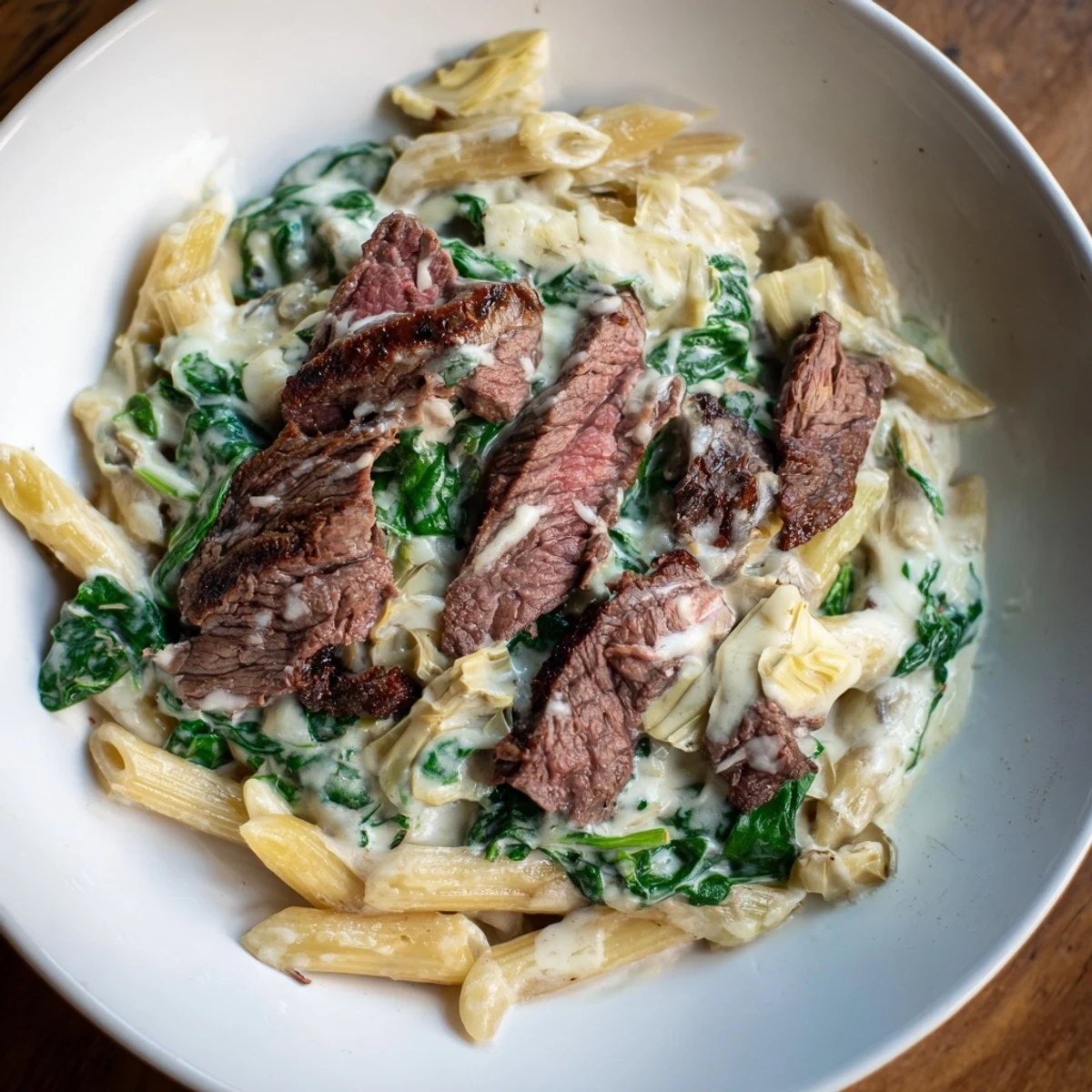 Hearty and flavorful: a baked dish of Steak & Spinach Artichoke Pasta Bake with layers of pasta and veggies.