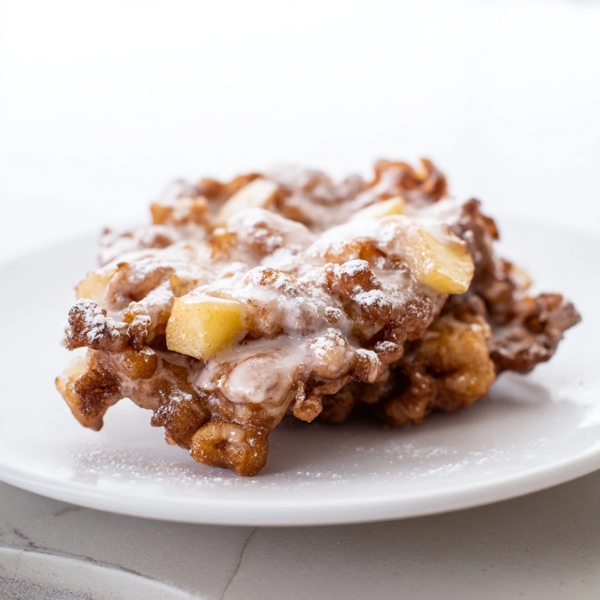 Picture a plate of freshly made apple fritters, showcasing tender apple chunks and a sugary glaze.