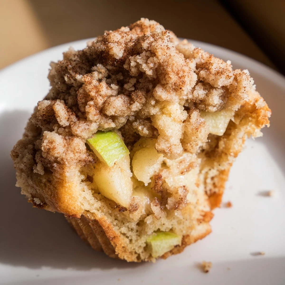 Close-up of fluffy tasty apple muffins, showcasing the juicy apples and buttery crumb topping details.