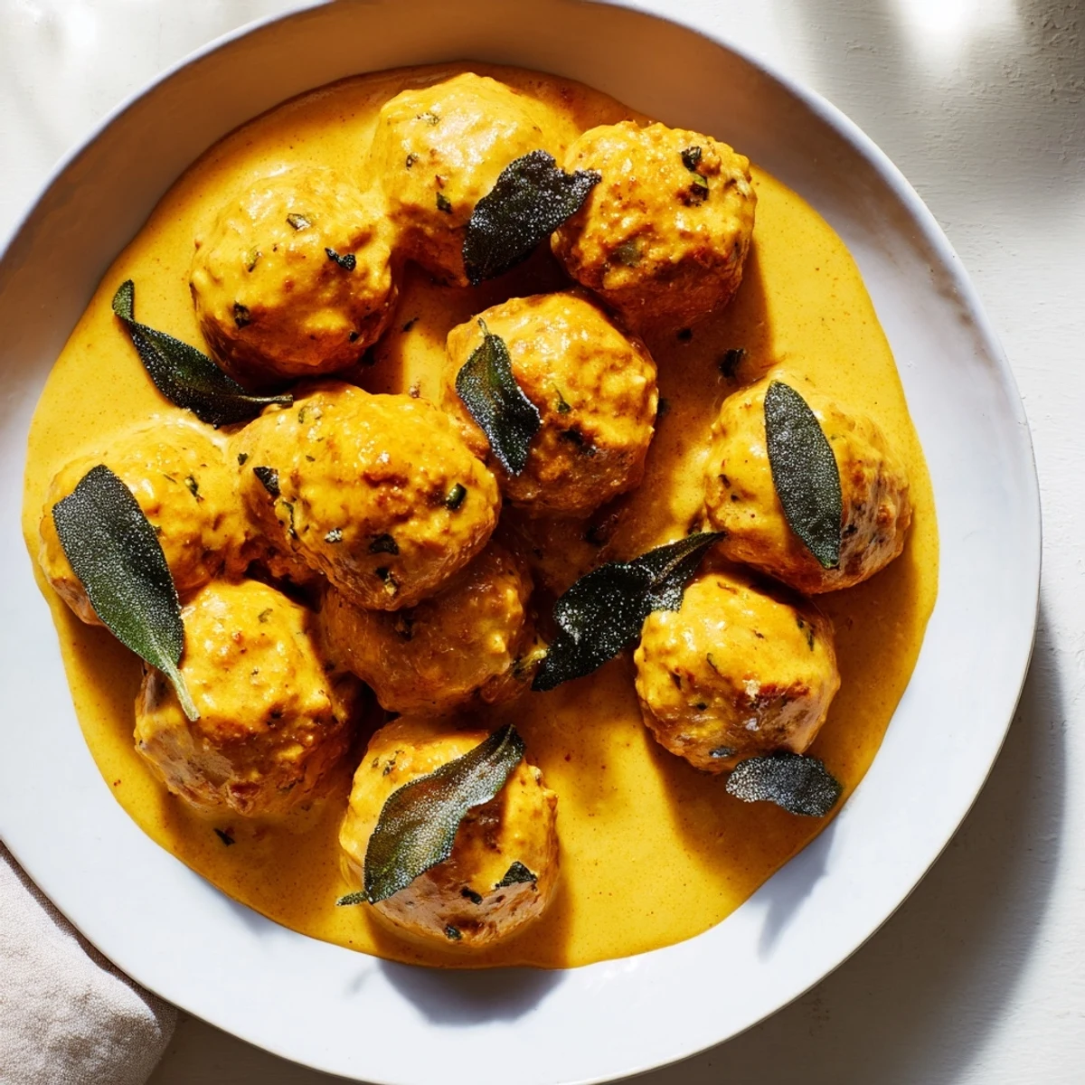 Golden-brown Easy Turkey Meatballs swimming in a creamy, vibrant pumpkin sage sauce, ready to serve.