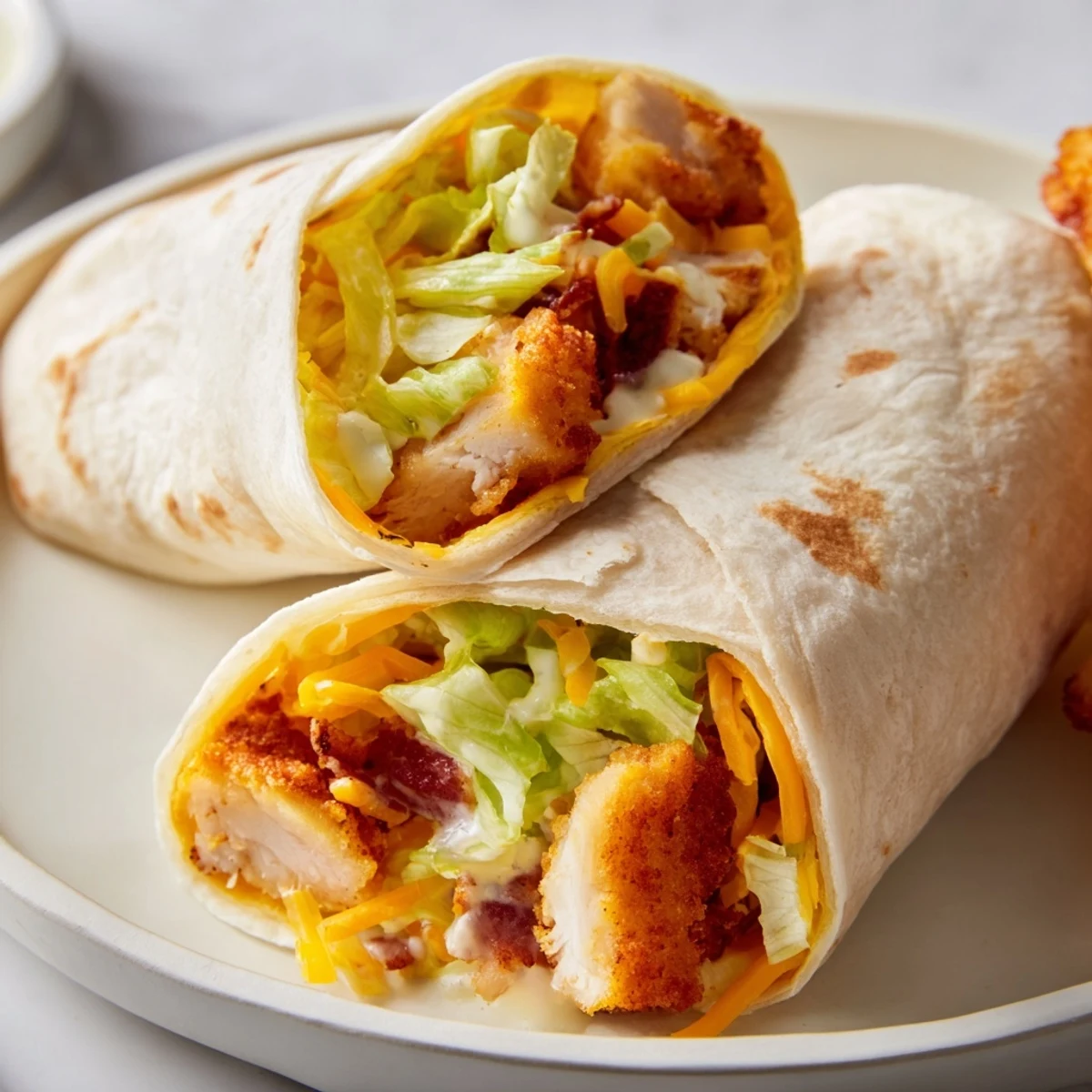 Close up shot of a delicious crispy chicken ranch snack wrap, perfect for a quick lunch.