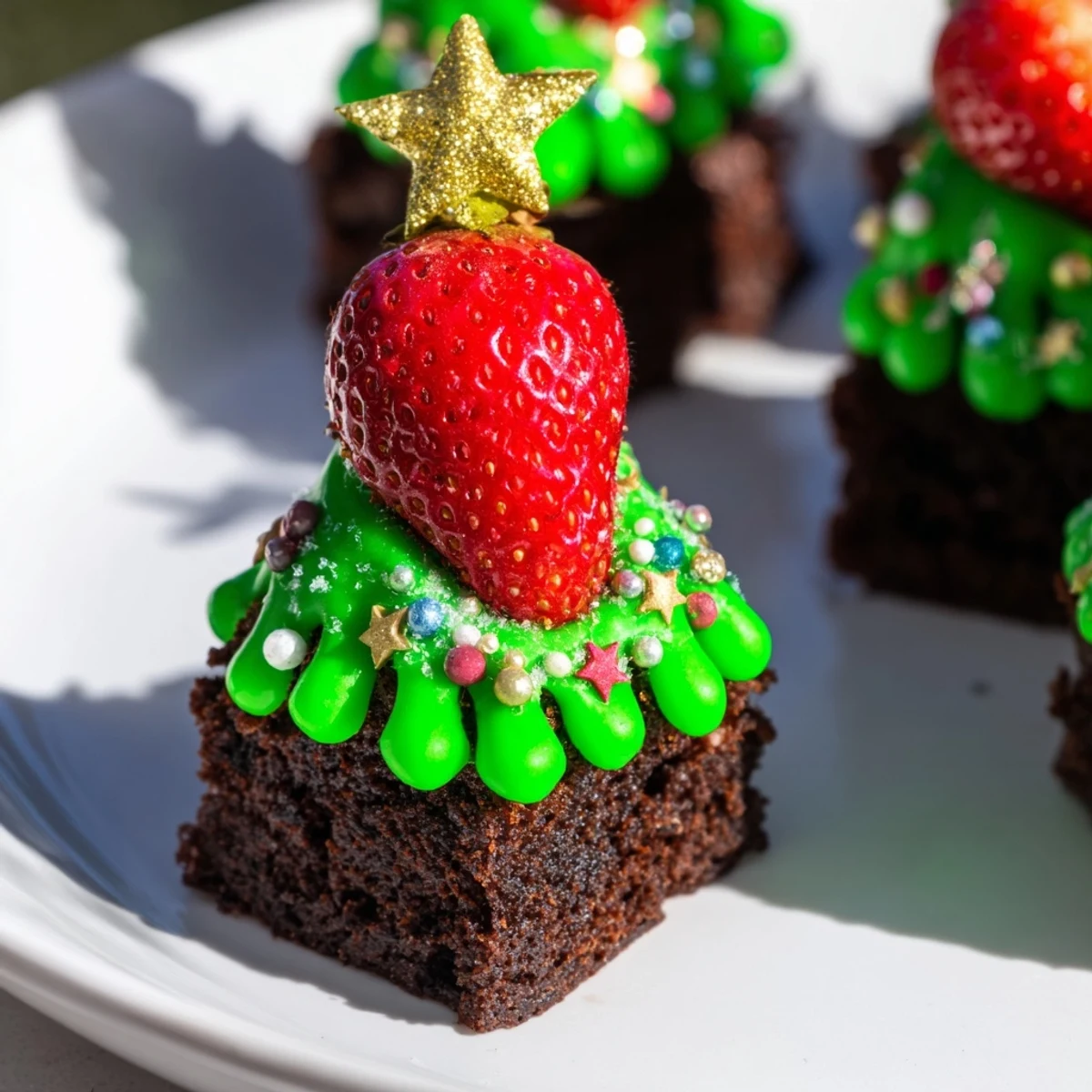 Fudgy Express Christmas Tree Brownie Hats, a delicious and easy dessert decorated with colorful sprinkles.