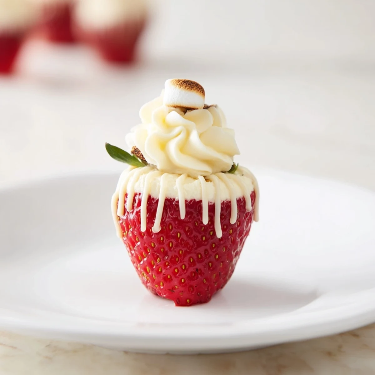 Bright red Air Fryer Santa Hat Strawberries, a festive dessert with creamy cheesecake and marshmallow tops.