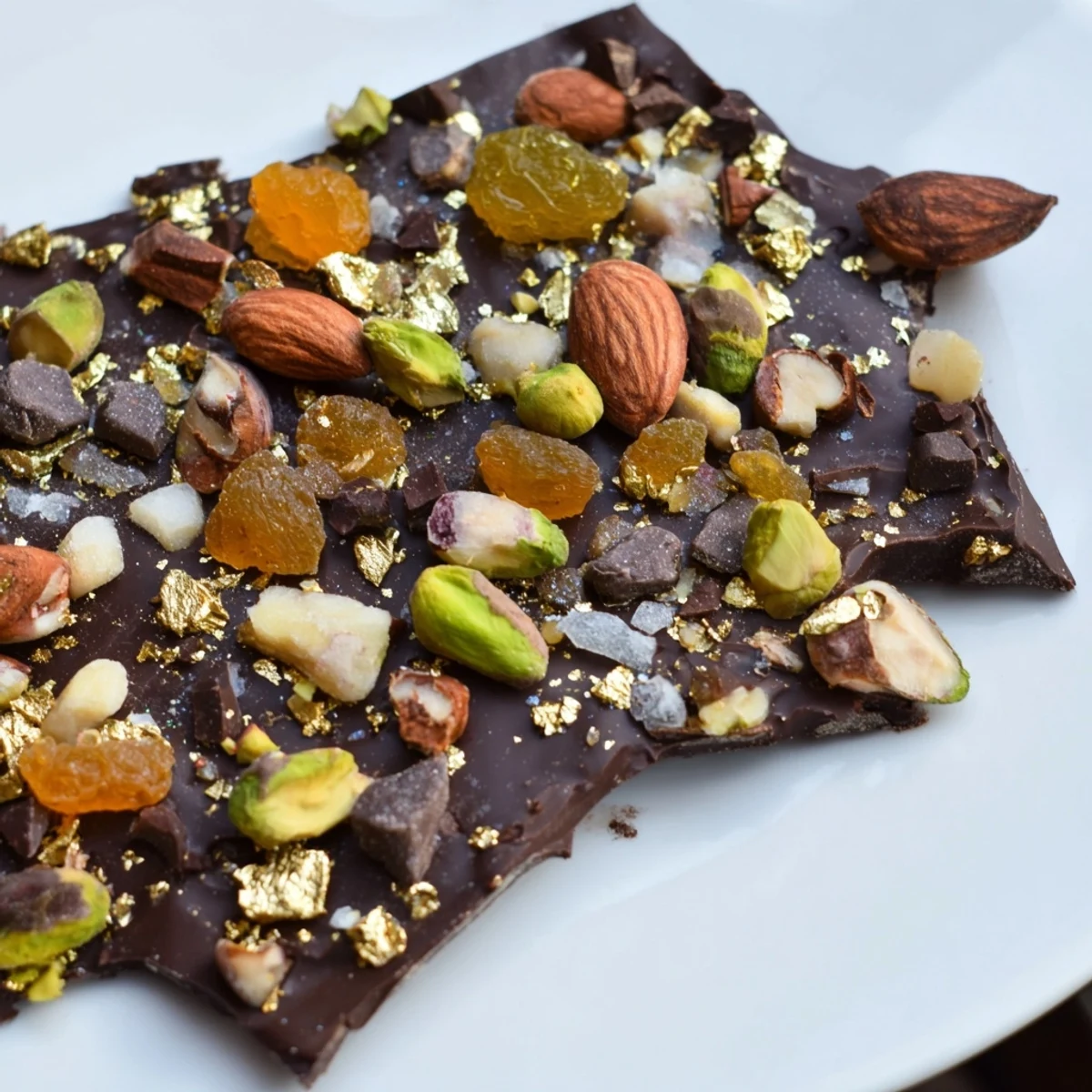 Beautifully layered Simplified Dubai Chocolate Bark, ready to break and enjoy, studded with nuts and fruits.