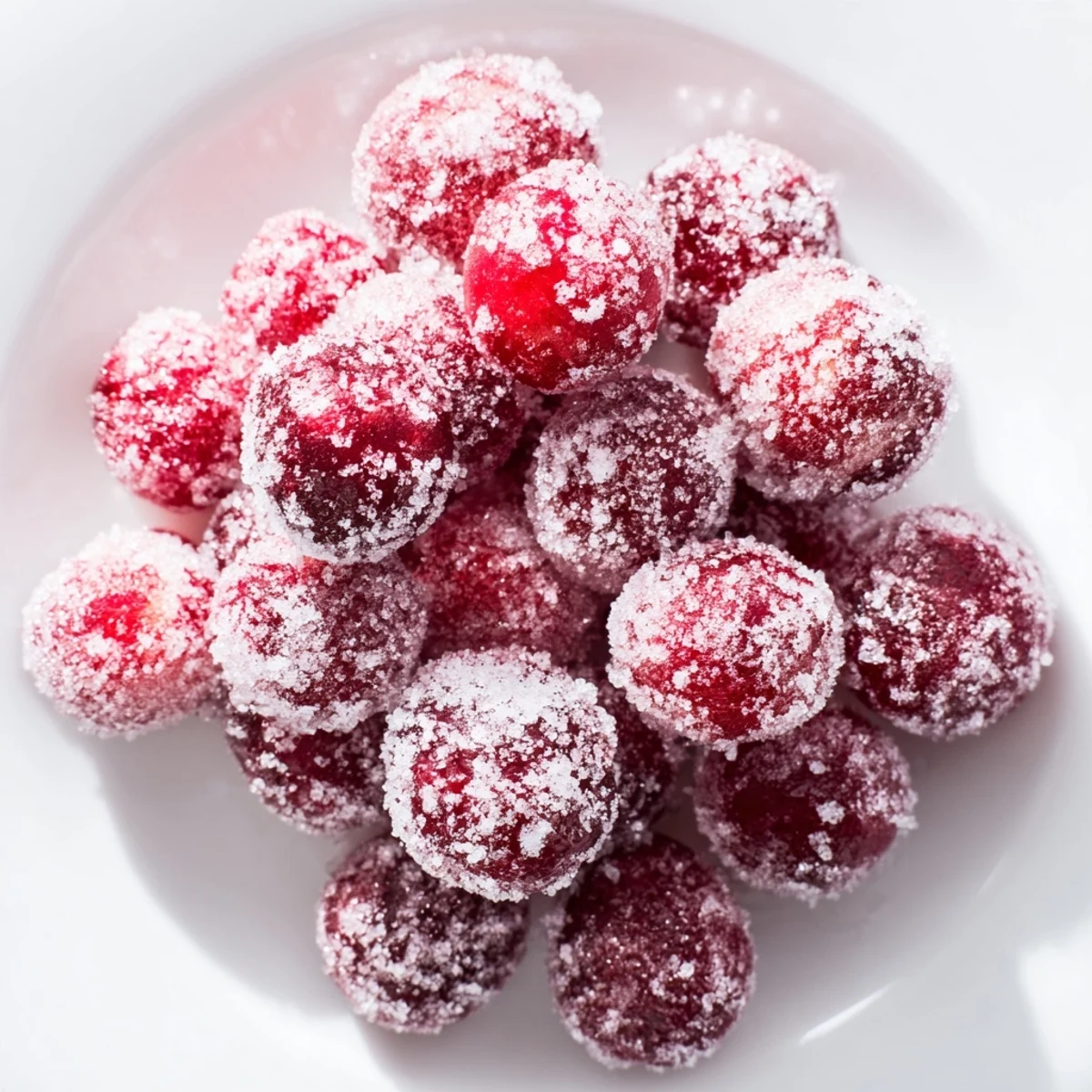 Vibrant image shows glistening vegan candied cranberry garnish, a perfect sweet, festive topping.