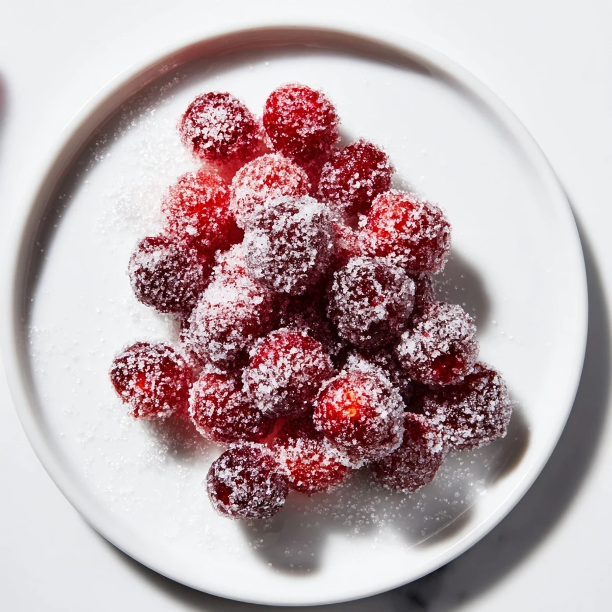 Ruby red, glistening vegan candied cranberry garnish ready to adorn your holiday desserts and drinks.
