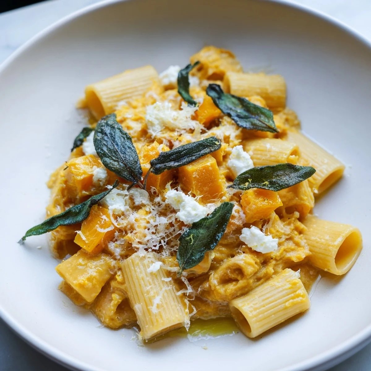 A delicious bowl of creamy roasted butternut squash and sage goat cheese pasta, ready for a comforting meal.