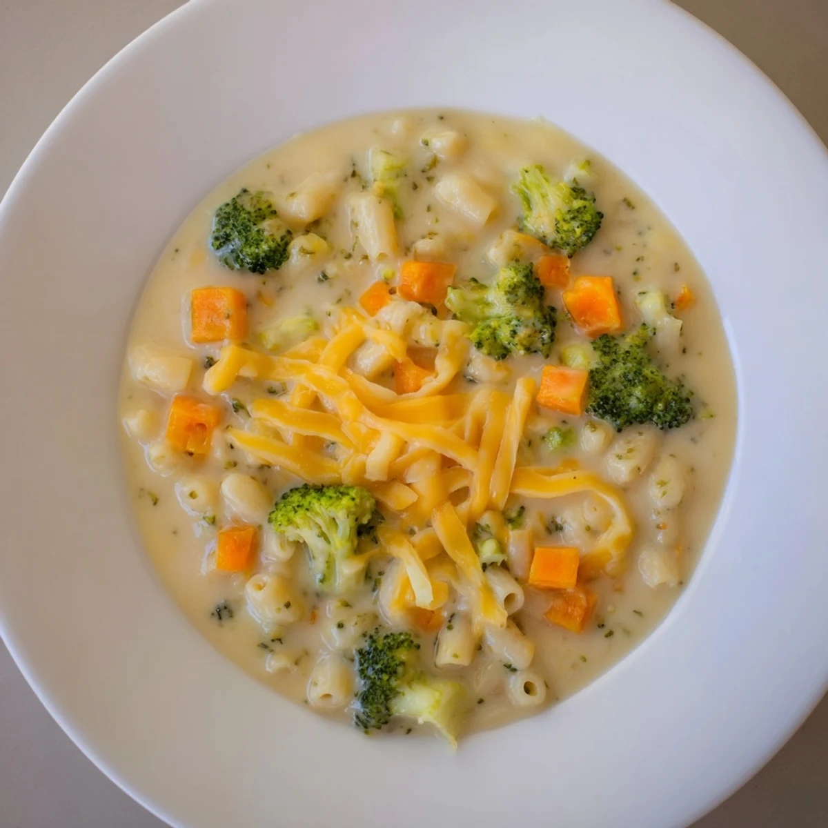 Steaming bowl of One-Pot Broccoli Cheddar Ditalini Soup, a hearty, cheesy American classic.