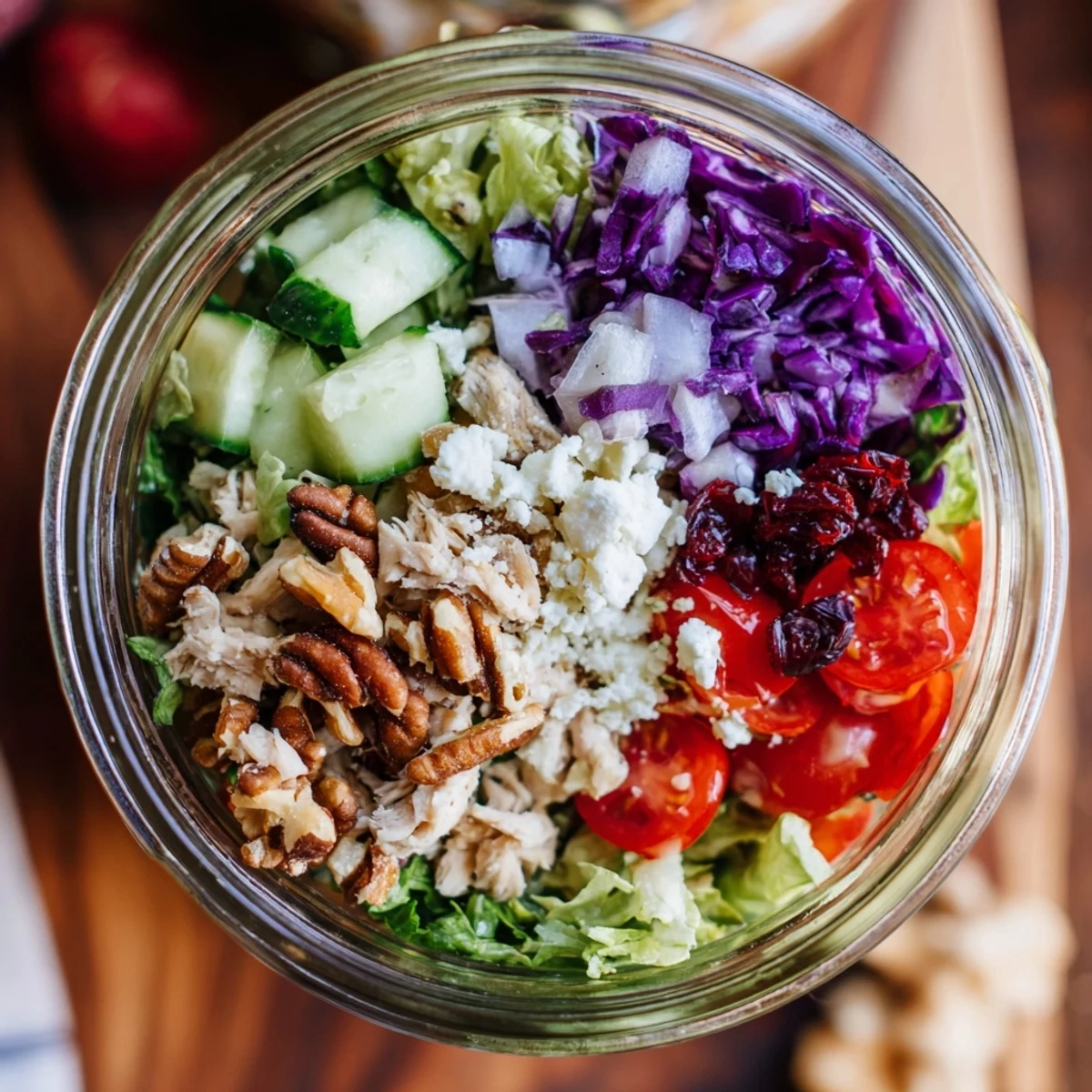 Layered Holiday Chopped Chicken Salad Jar with colorful veggies and creamy dressing, perfect for healthy eating.