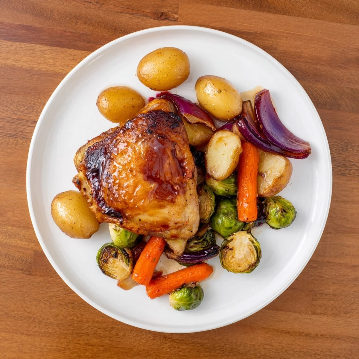 Sheet Pan Chicken features golden-brown skin, roasted vegetables, and a vibrant cranberry vinaigrette drizzle.