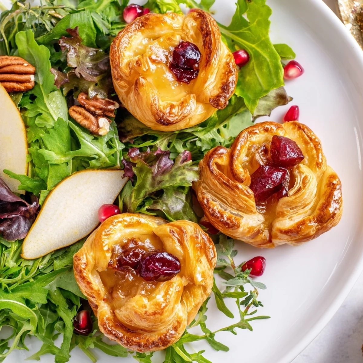 Close-up of baked Cranberry and Brie Flower Bites, with cranberry sauce peeking from the center, ready to eat.