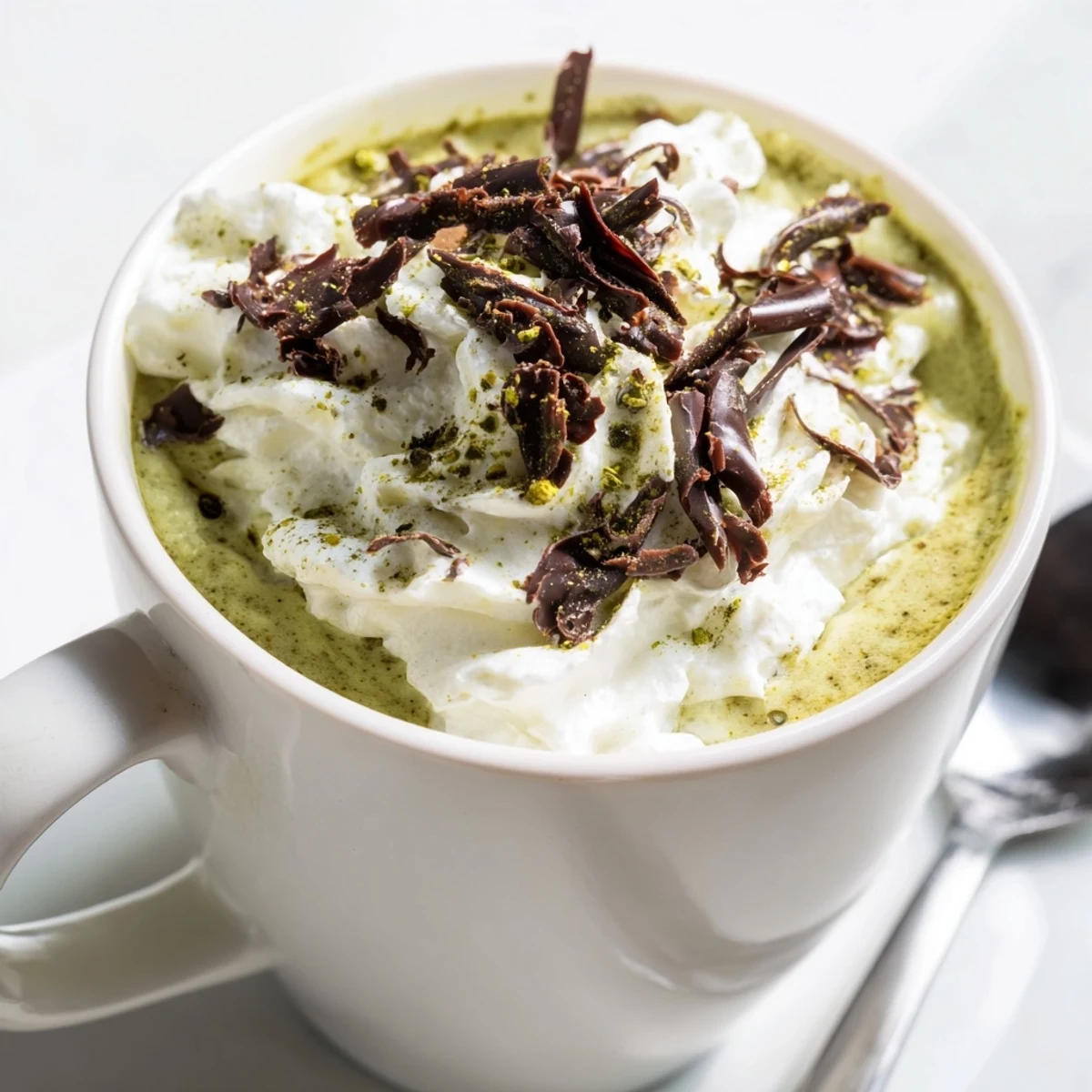 See the vibrant green matcha swirling in this rich, decadent Matcha Hot Cocoa Protein Mug!