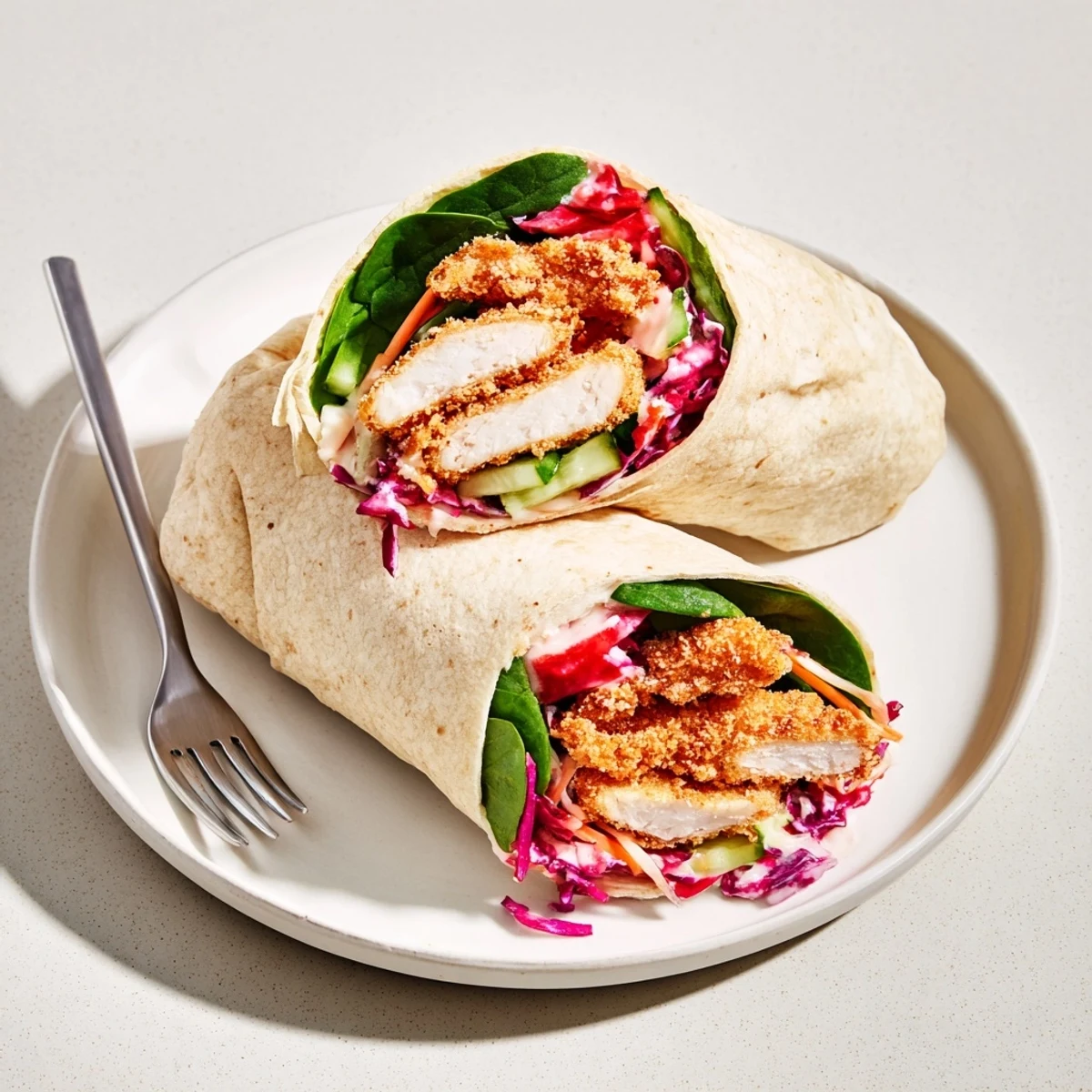 Freshly made Candy Cane Crunch Chicken Veggie Wrap, served with a vibrant yogurt dressing and minty sweetness.