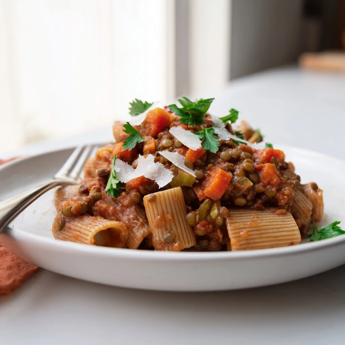 Serving suggestion: A rustic plate of whole wheat pasta topped with flavorful High-Fiber Lentil Bolognese.