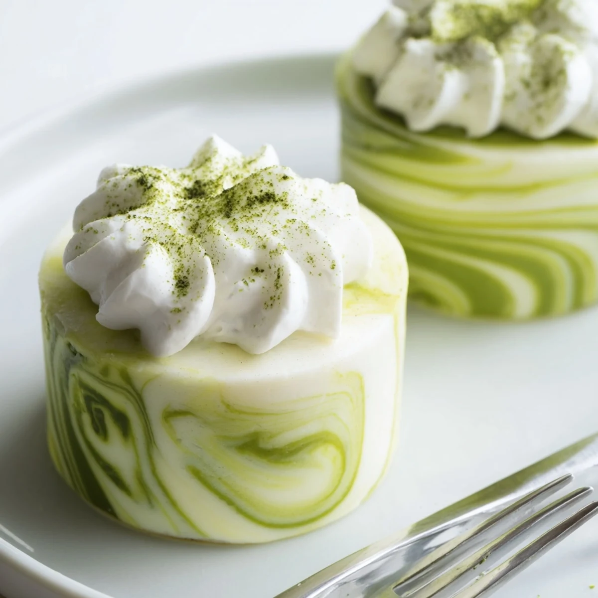 Vibrant green matcha swirls mix beautifully in these chilled Matcha Swirl Snowdrift Cheesecake Cups.