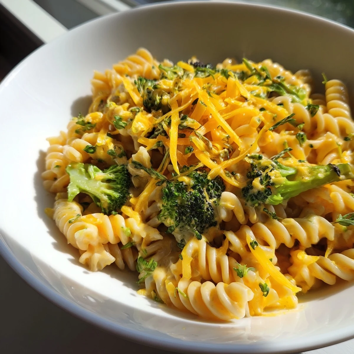 A comforting bowl of Green Goddess Broccoli Cheddar One-Pot Pasta, showcasing broccoli florets and rich cheese sauce.