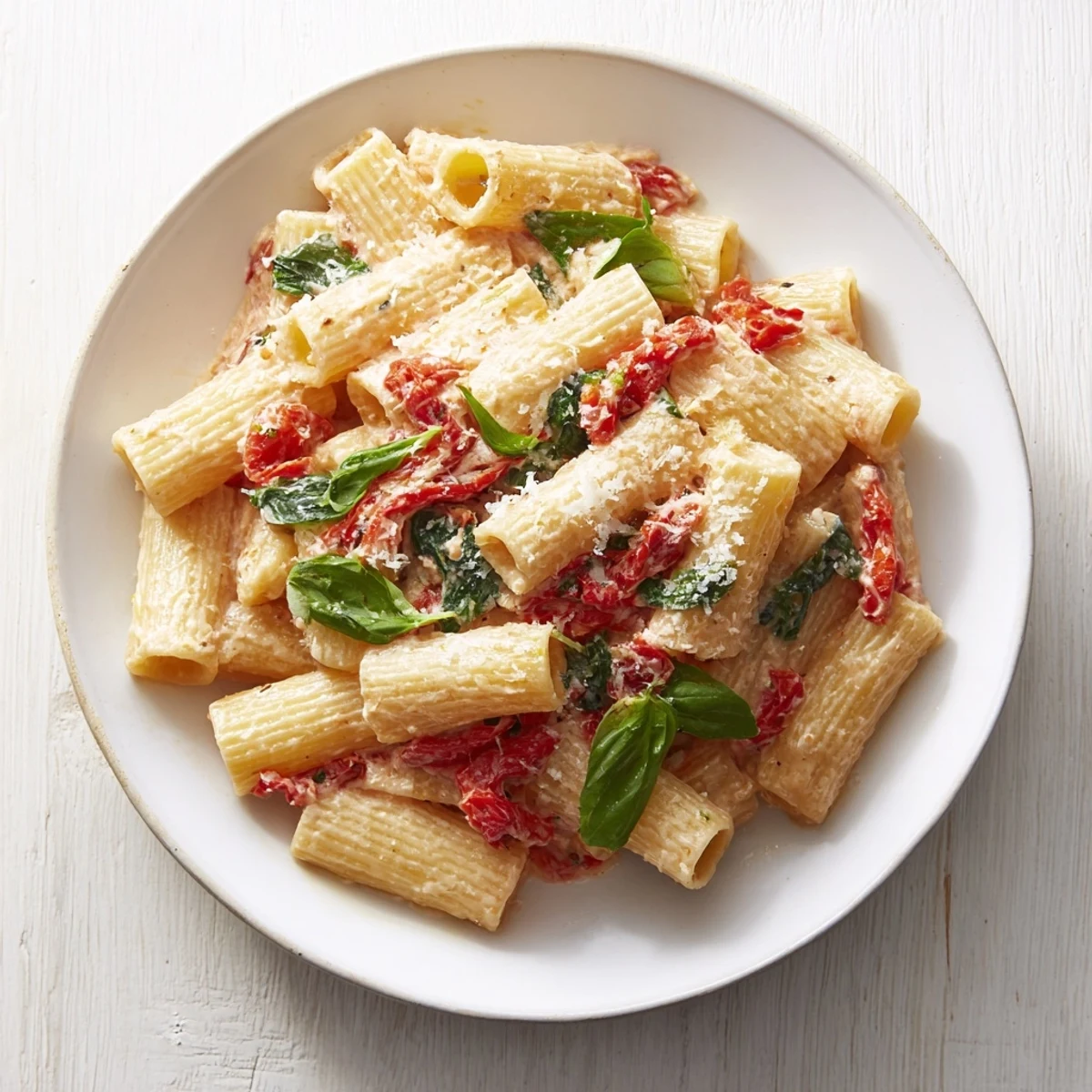 Close-up of Creamy Sun-Dried Tomato Spinach Cottage Cheese Pasta, garnished with fresh basil and Parmesan.