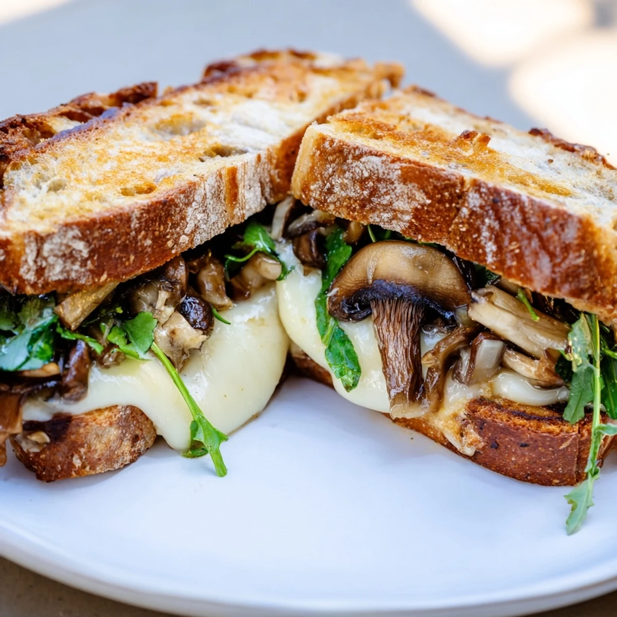 Crispy sourdough slices encase a savory Roast Garlic Mushroom & Thyme Grilled Cheese, perfect for lunch.