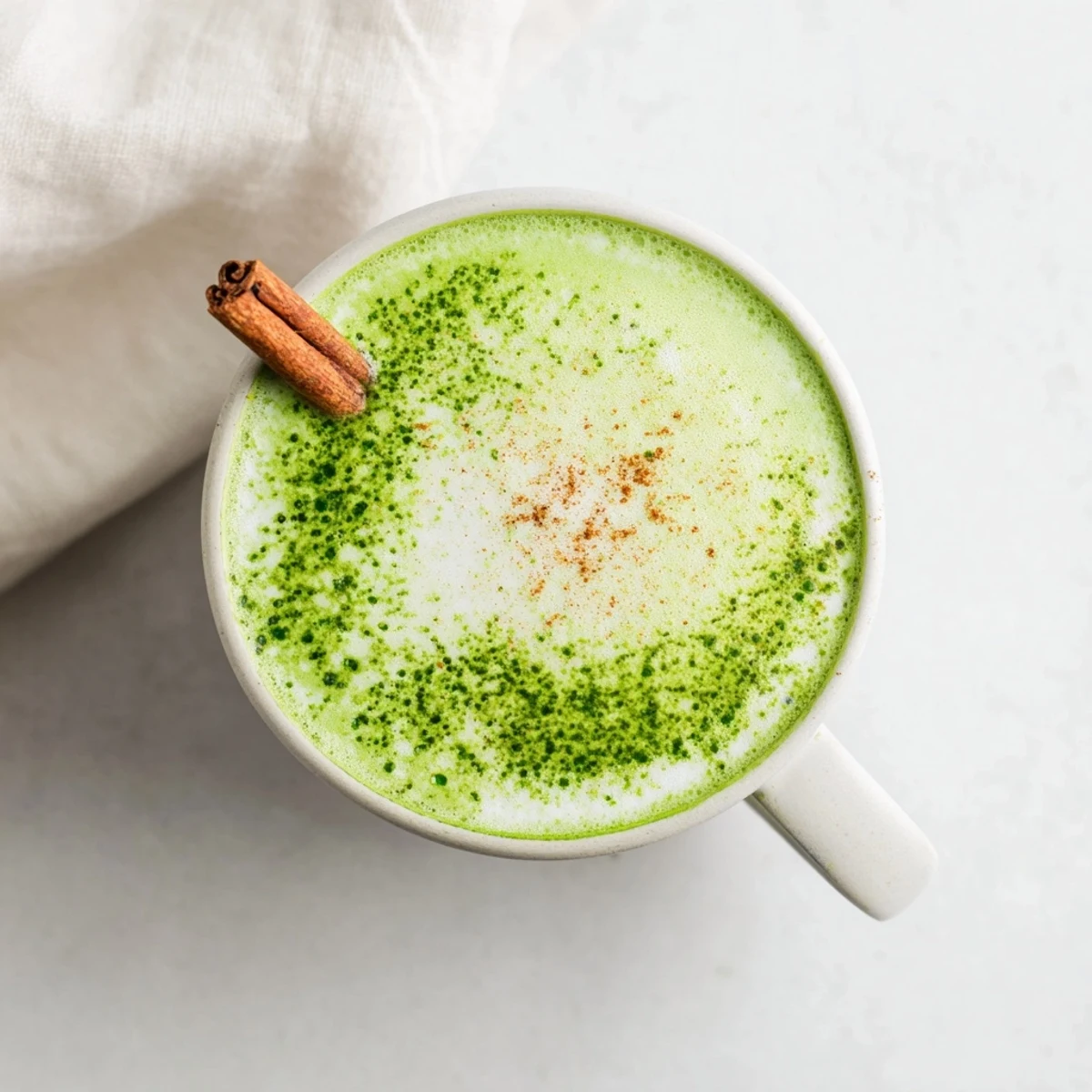 Steaming mug of Maple Cinnamon Gingerbread Matcha Oat Latte, perfect for a chilly morning.