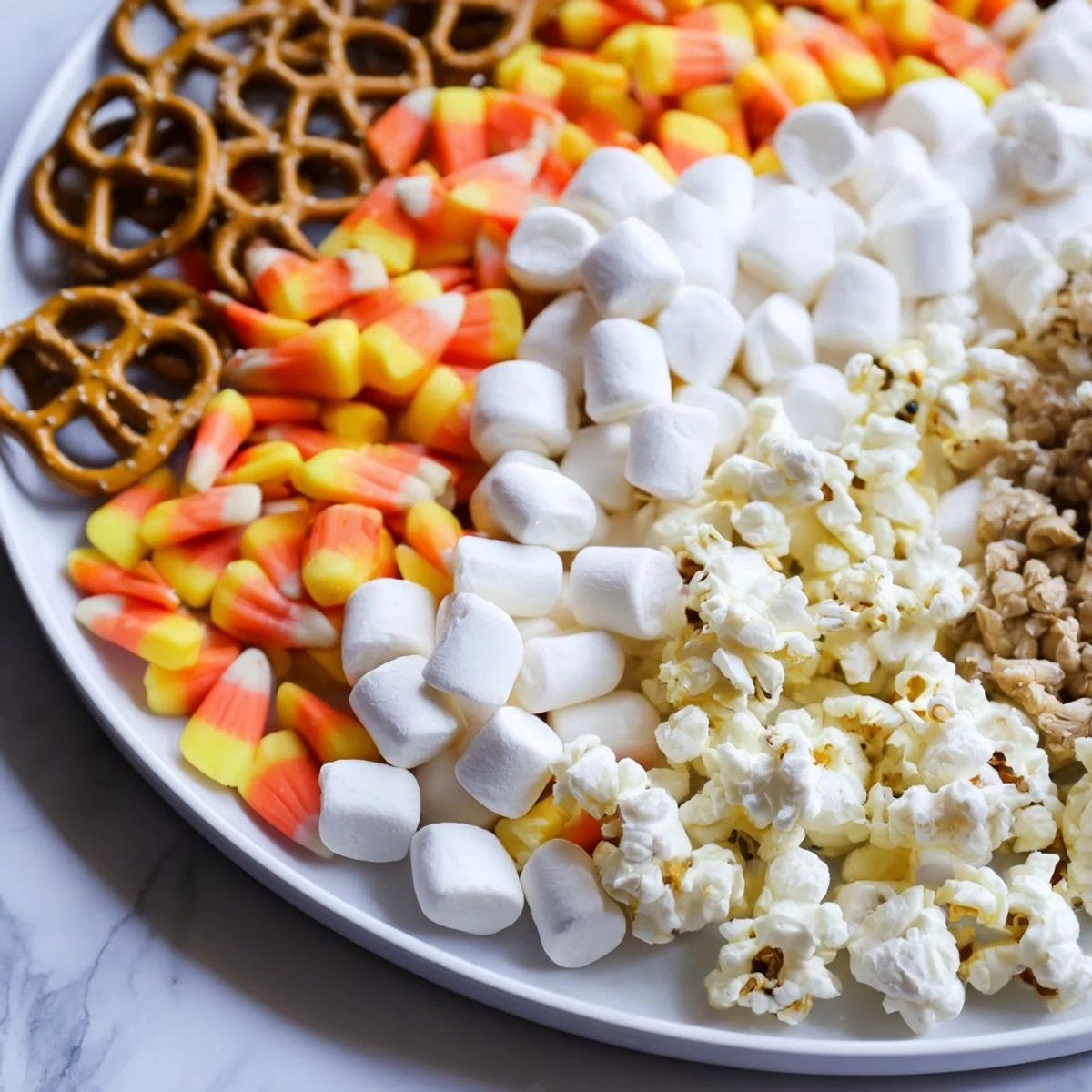 A Candy Corn Spooky Board bursting with Halloween treats: white, orange, and yellow snacks.