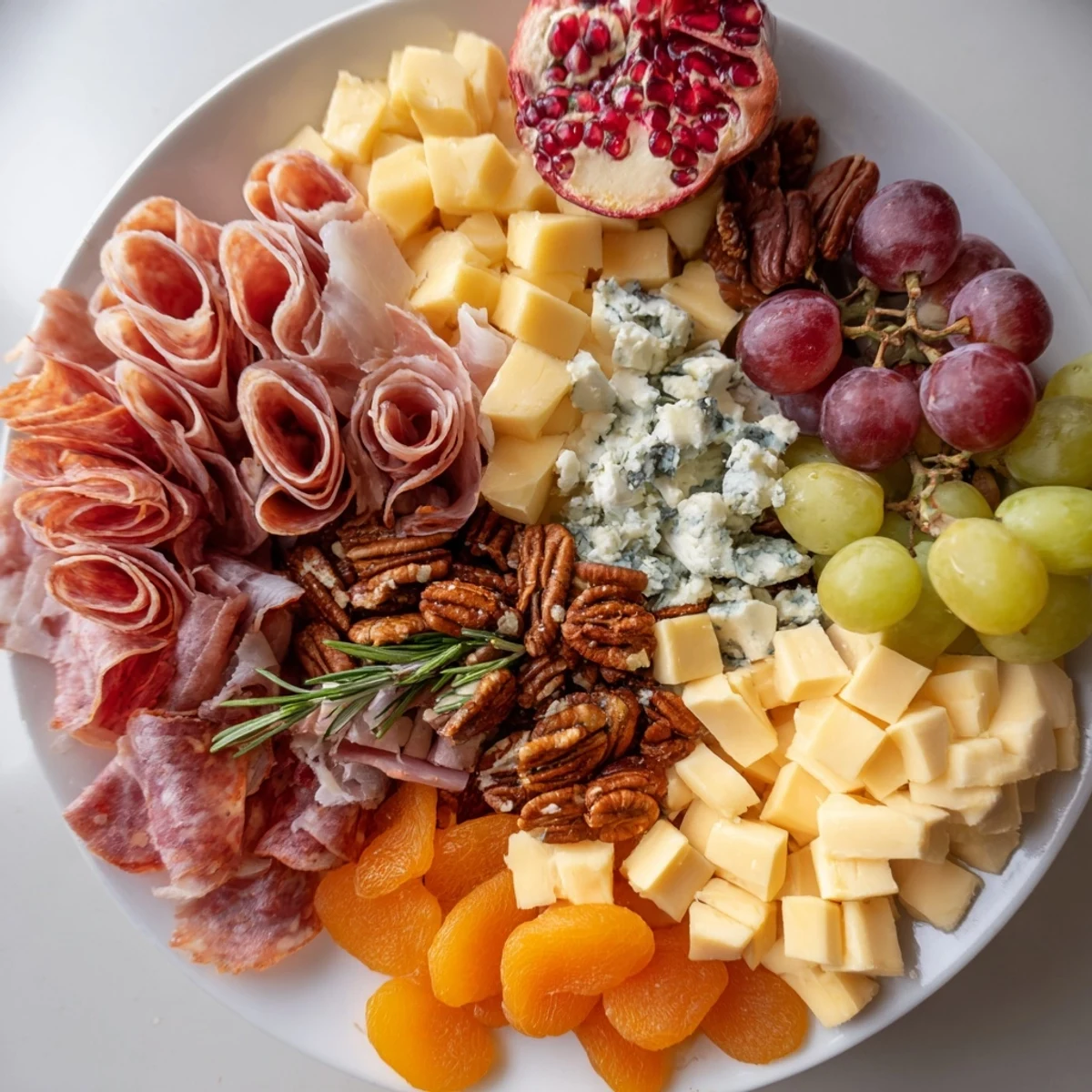 A close-up of a festive Sleigh Ride Charcuterie board with colorful fruits, crackers, and meats.