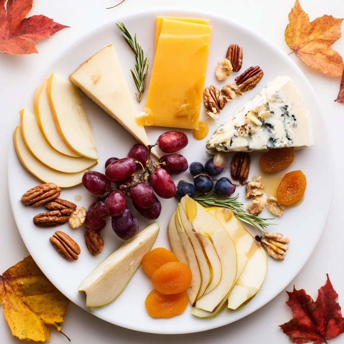 Autumn Leaf Cheese Platter: a beautifully arranged board featuring colorful cheeses, fruits, and autumn leaves.
